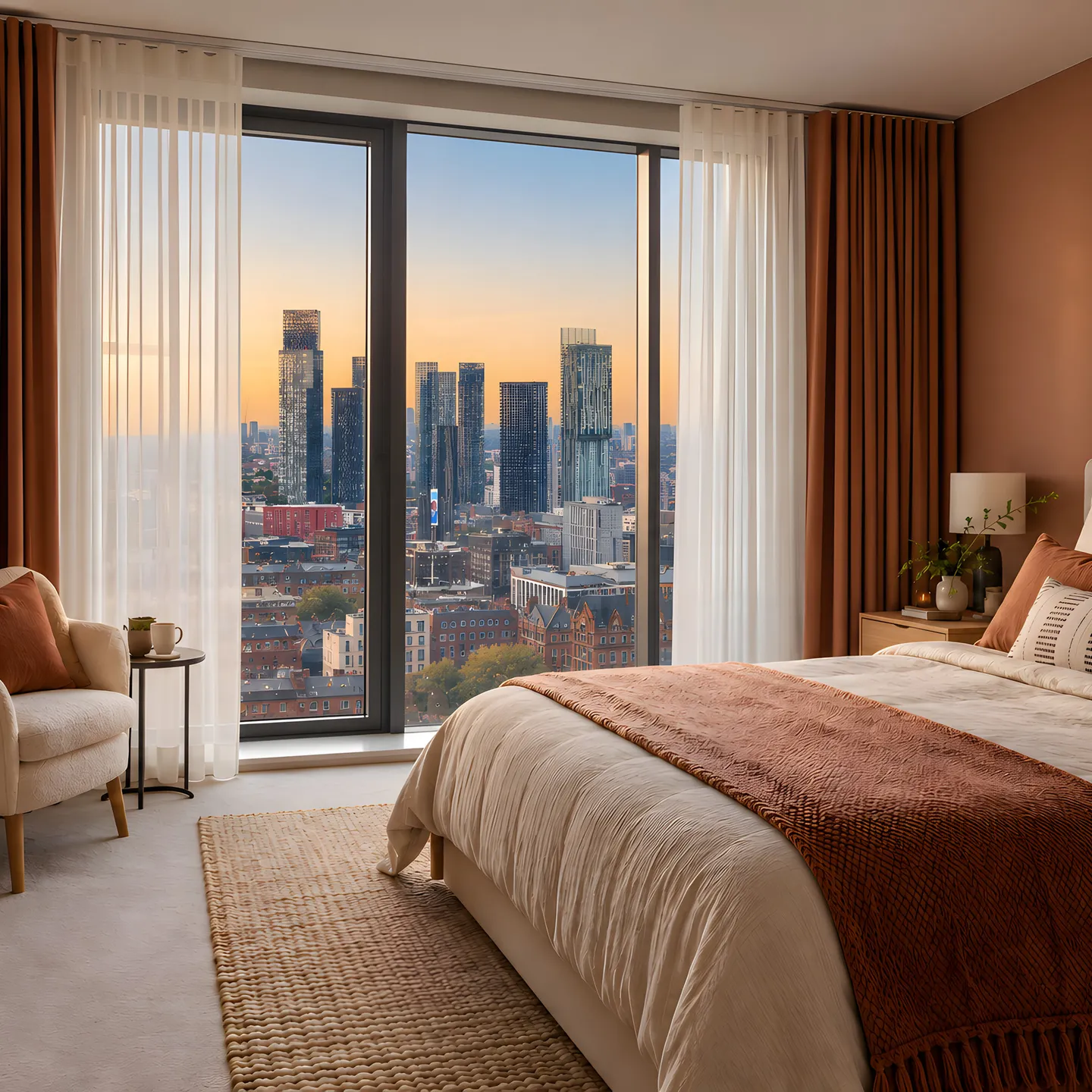 Illustrative apartment bedroom with full-length curtains and privacy sheers
