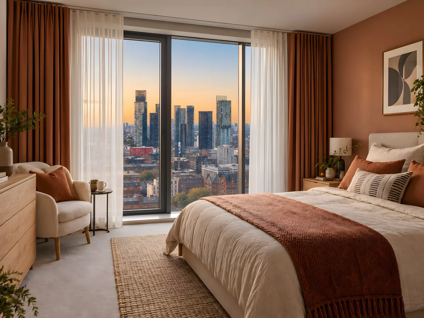 Terracotta curtains and soft sheers framing a furnished city apartment bedroom
