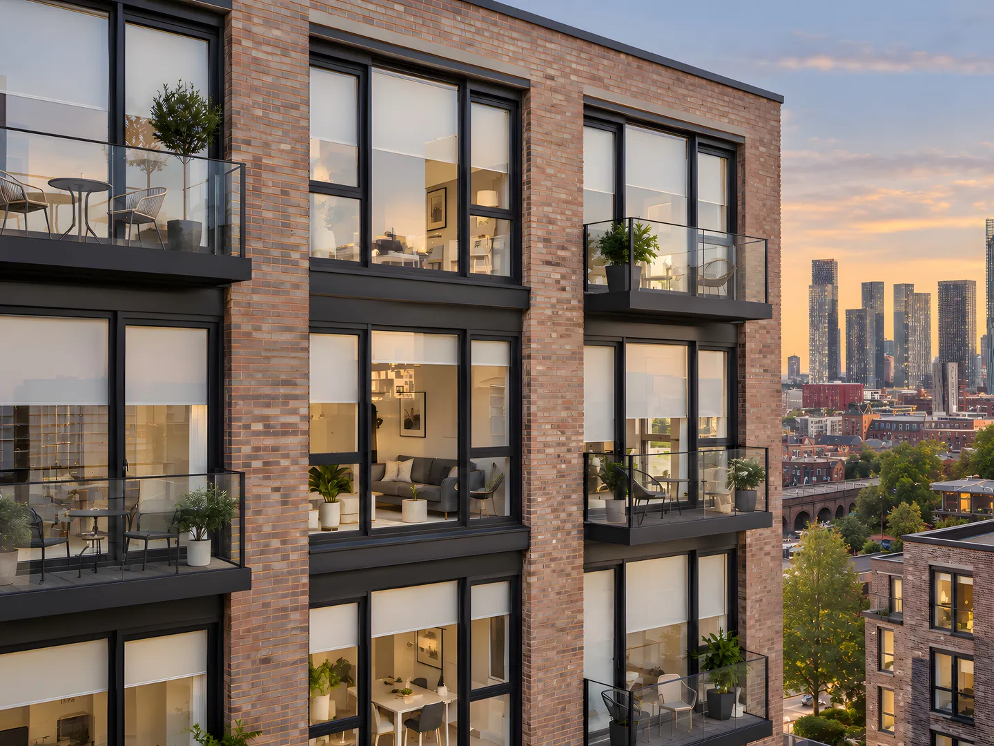 Illustrative apartment facade with coordinated roller blinds and furnished balconies