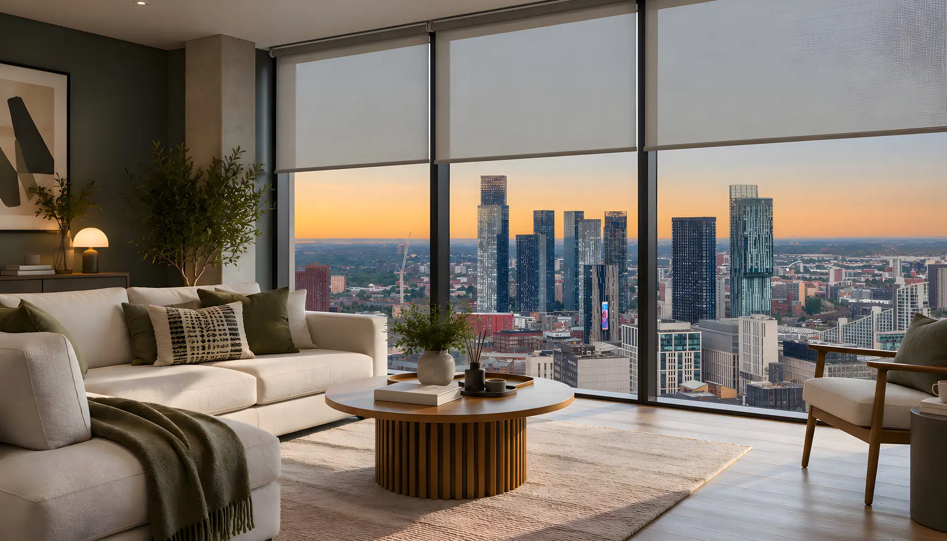 Screen roller blinds in an illustrative apartment with a Manchester skyline view