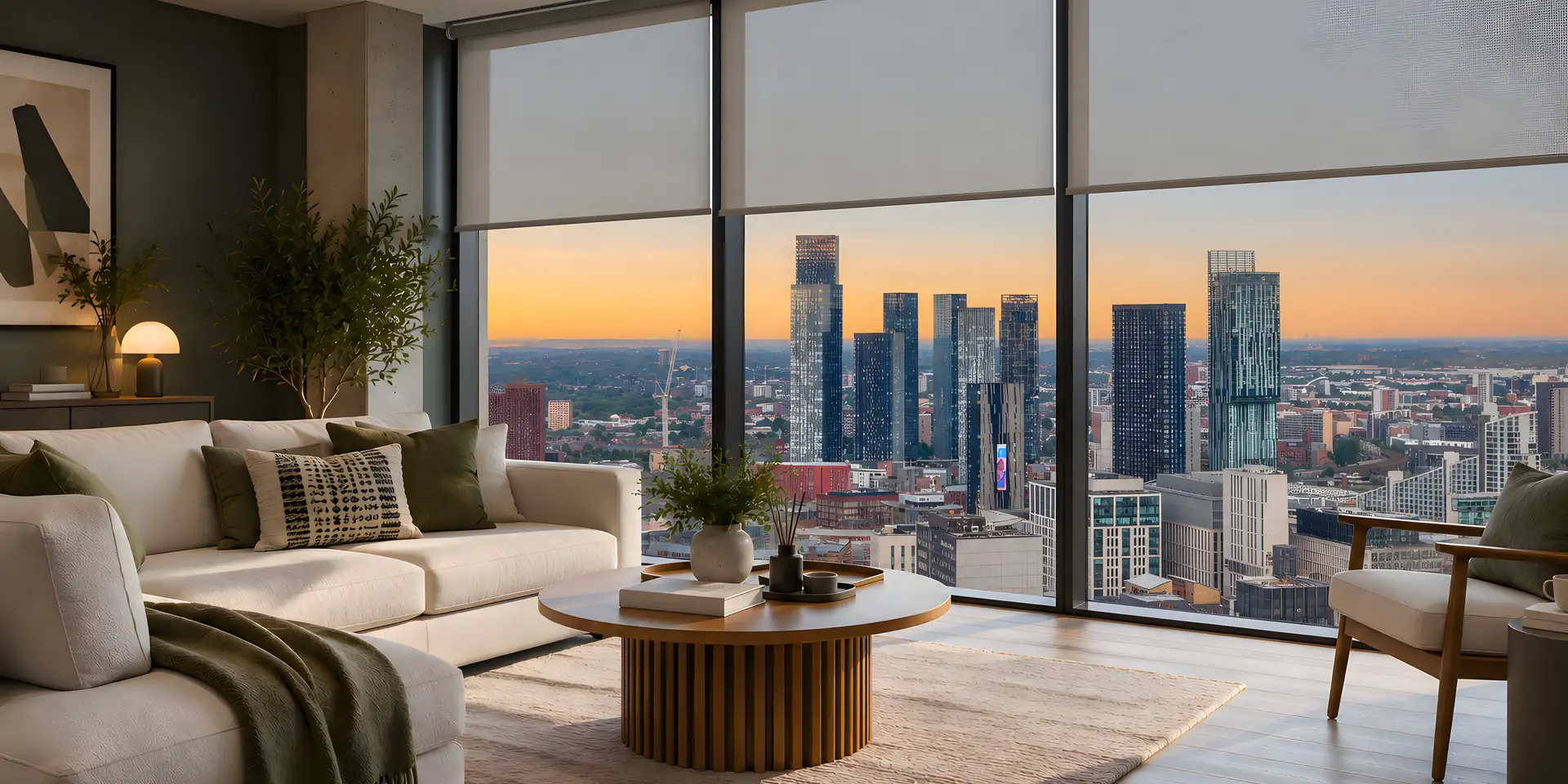 Illustrative furnished apartment with roller blinds overlooking Manchester, based on a local skyline photograph