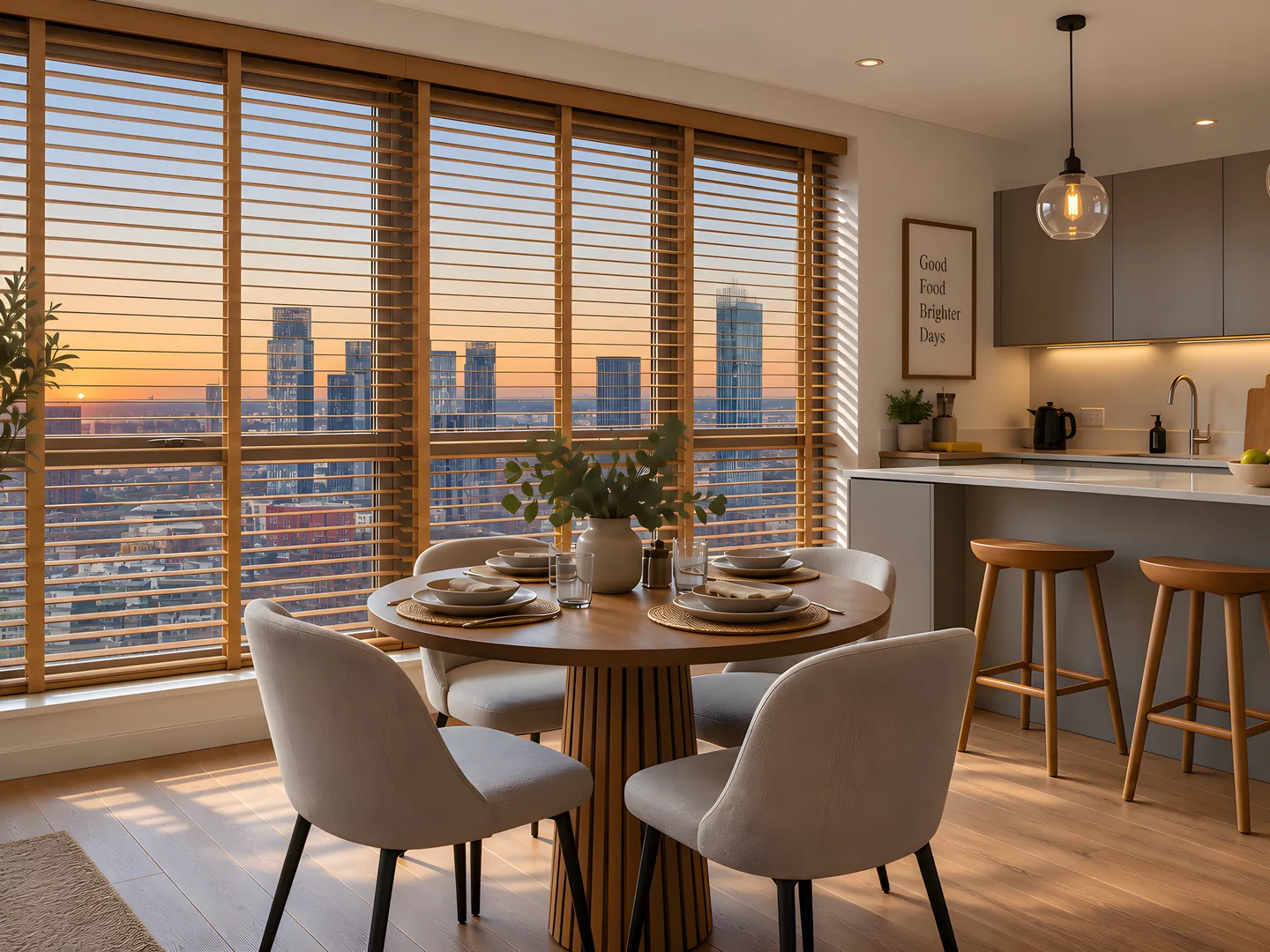 Oak Venetian blinds across the windows of a furnished apartment kitchen diner