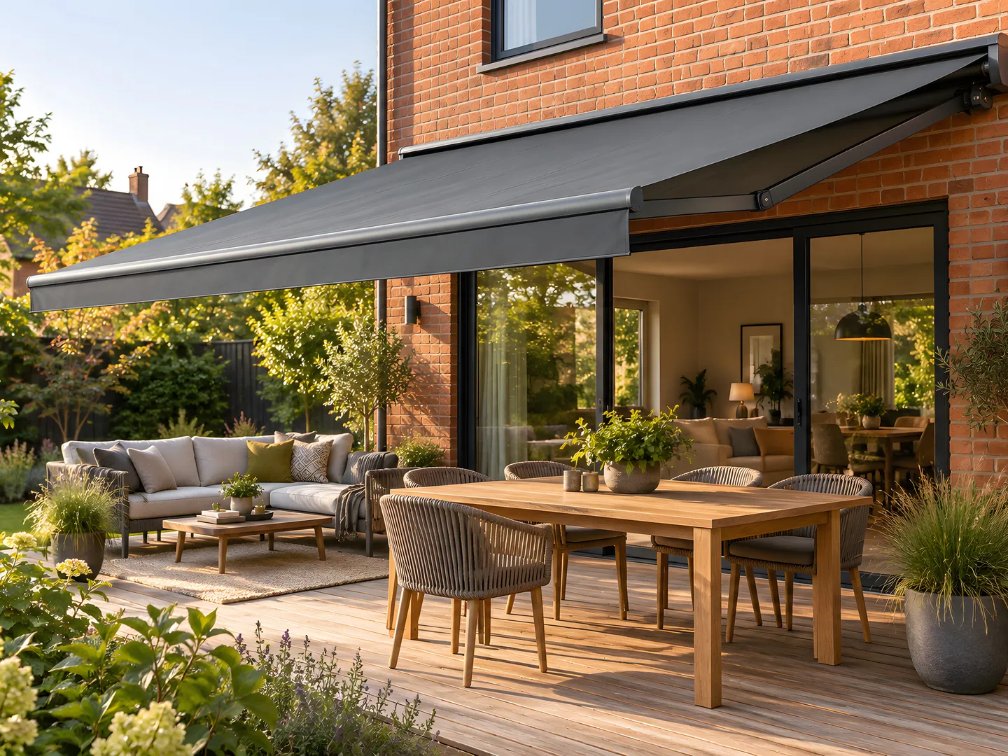 Charcoal retractable awning shading a modern garden terrace beside sliding doors