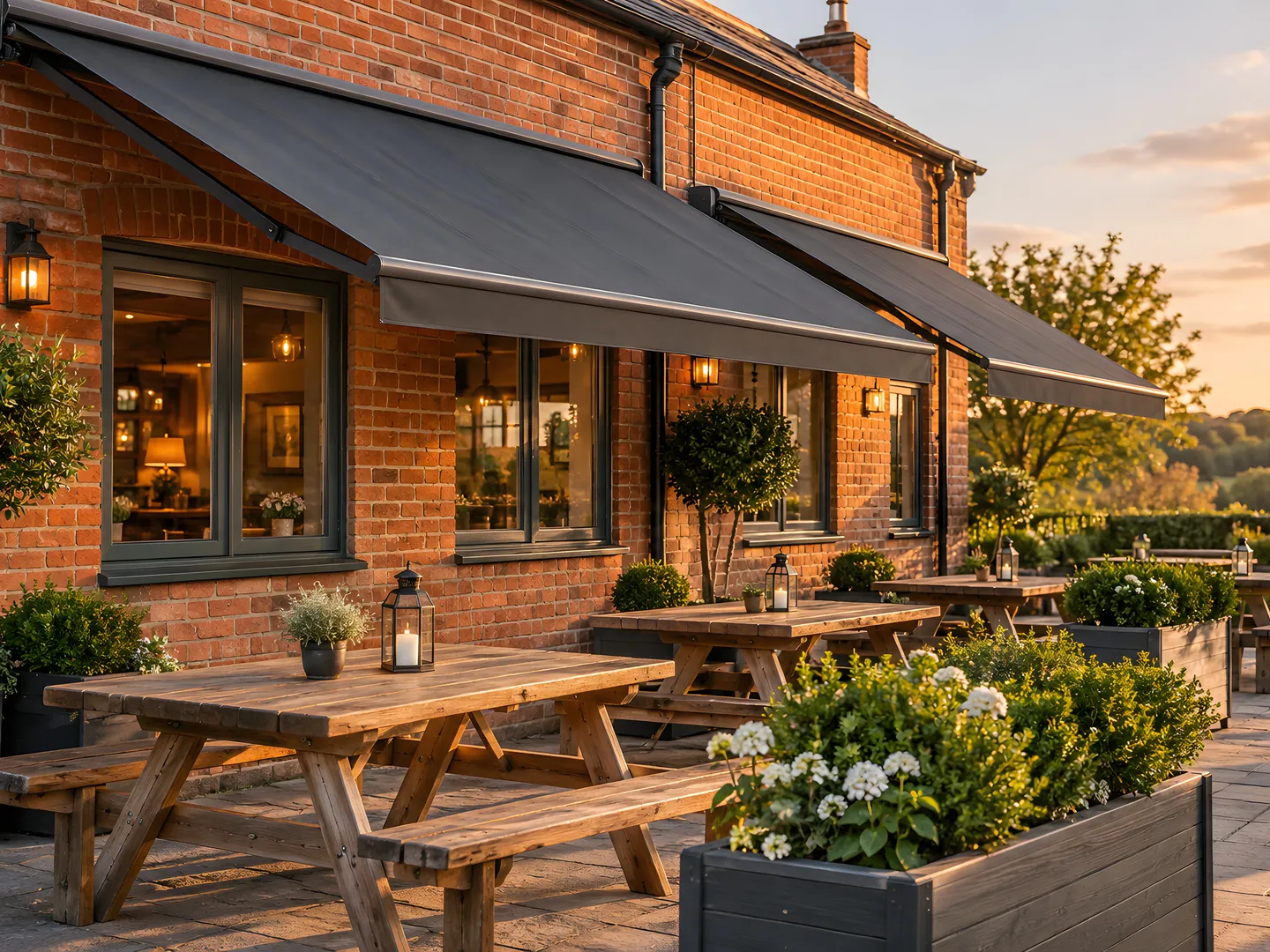 Retractable awnings above a furnished pub dining terrace