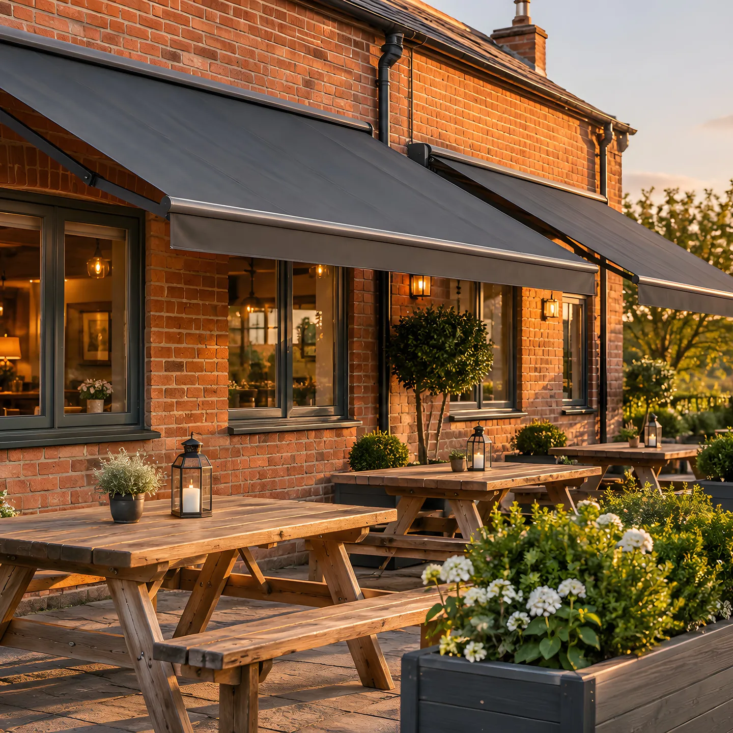 Illustrative pub terrace sheltered by charcoal retractable awnings