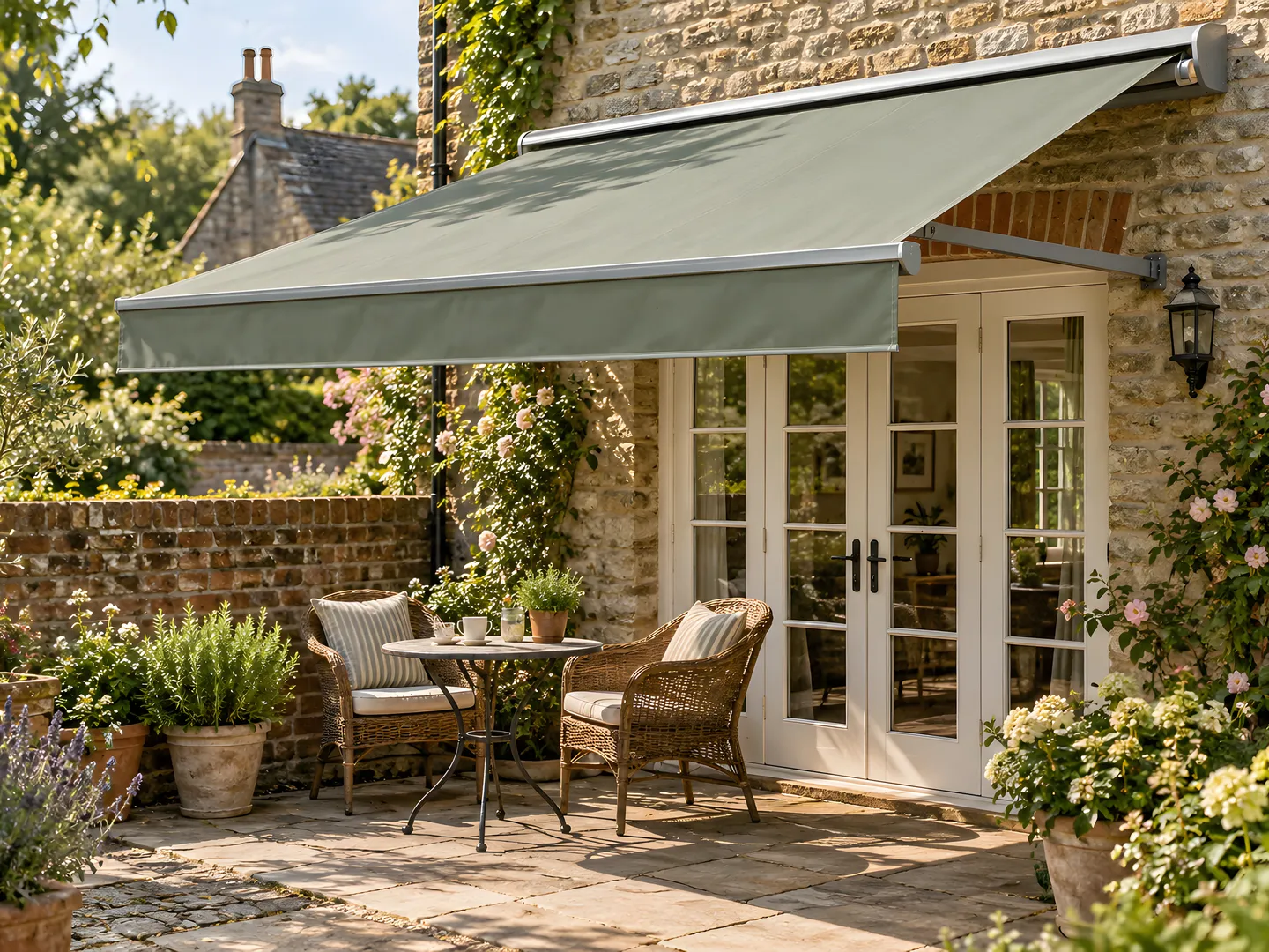 Sage green retractable awning shading a small brick courtyard with bistro seating