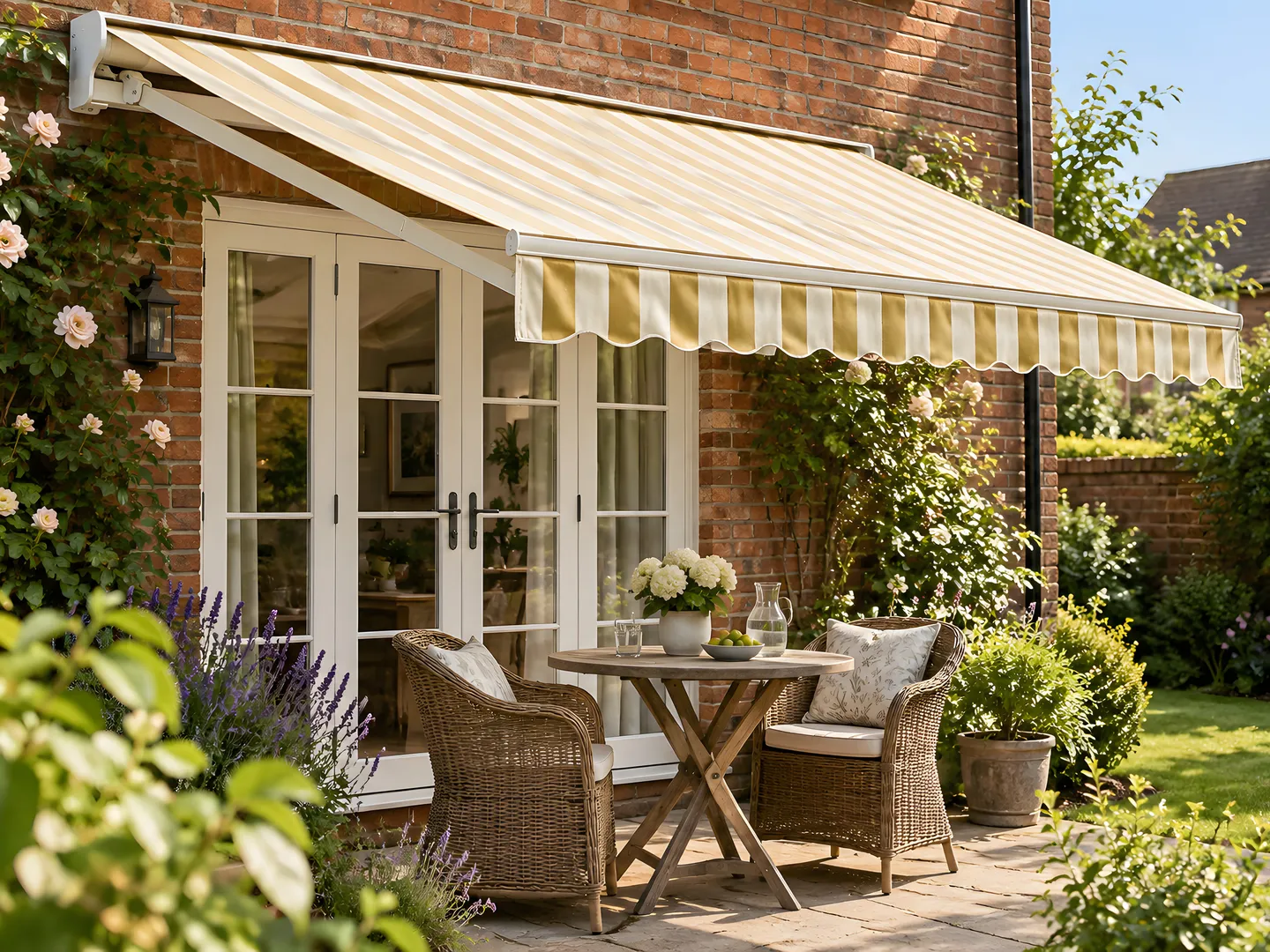 Cream and ochre striped retractable awning above French doors and garden seating