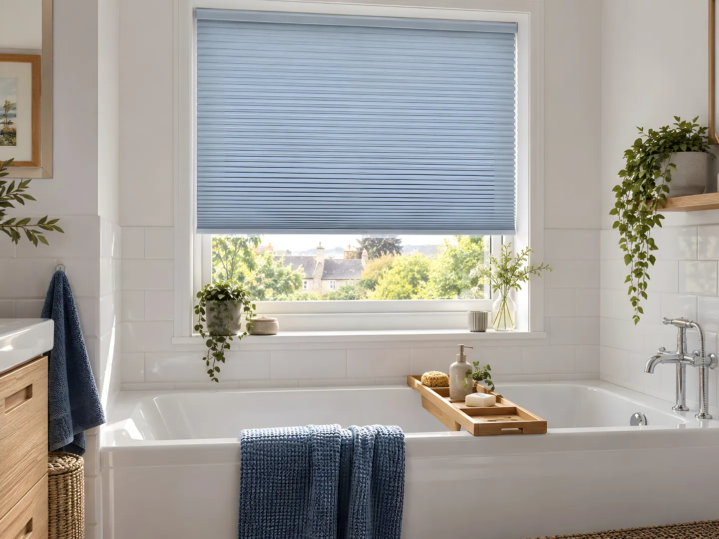 Pale blue pleated blind neatly fitted inside a white bathroom window frame