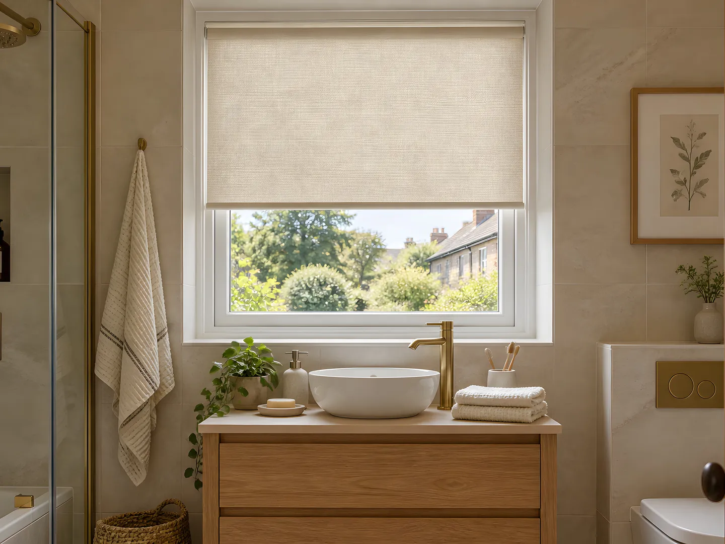 Cream roller blind at a private bathroom window above an oak vanity