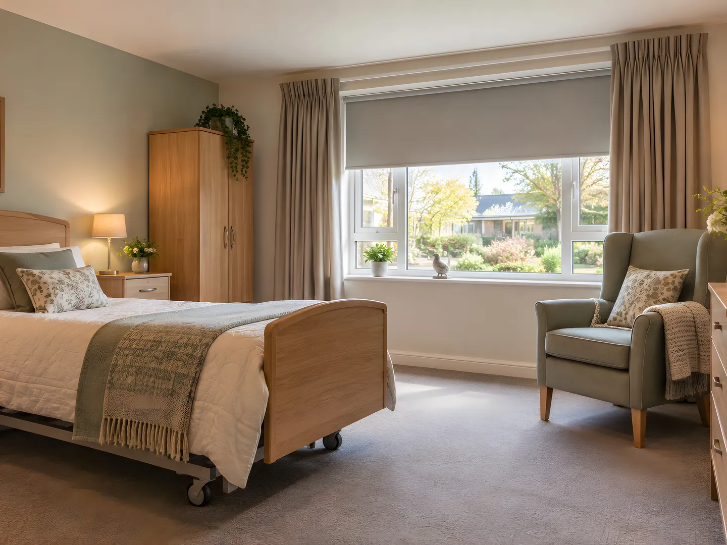 Curtains and roller blinds in a furnished care-home bedroom