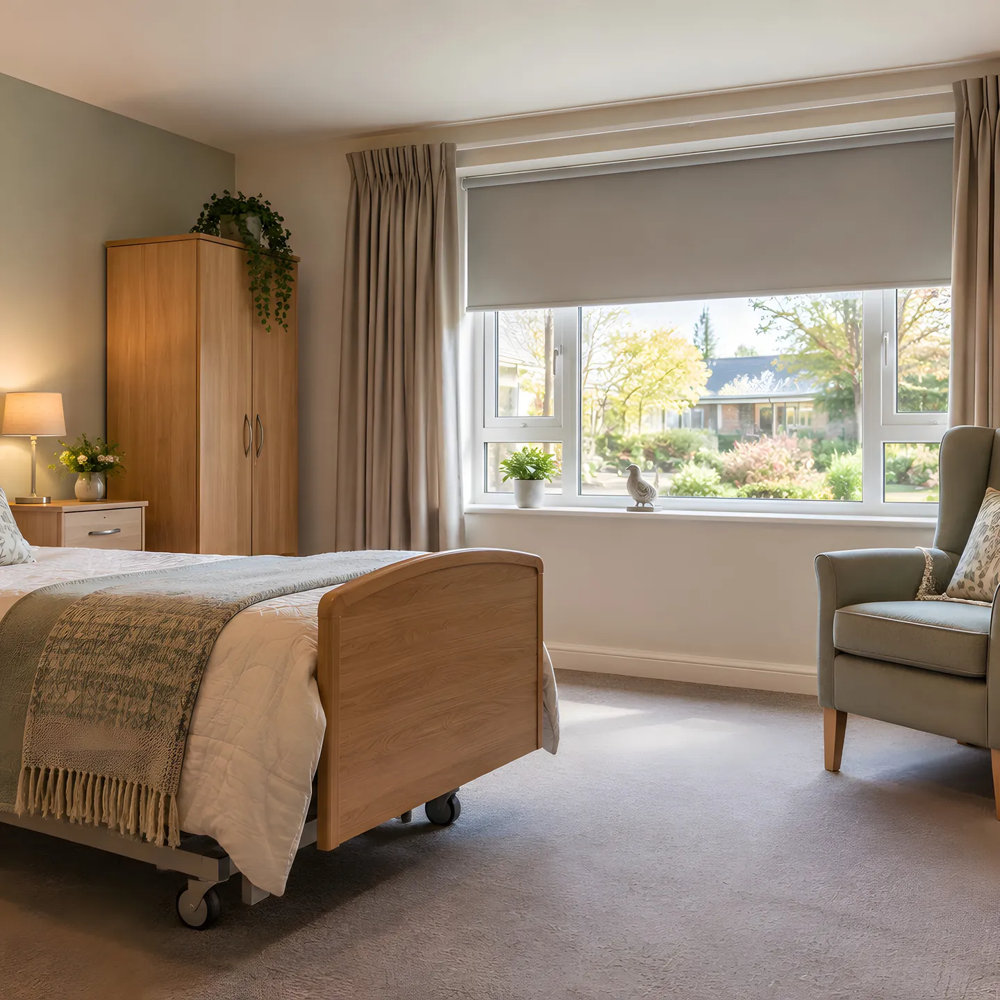 Illustrative care-home bedroom with layered curtains and a roller blind