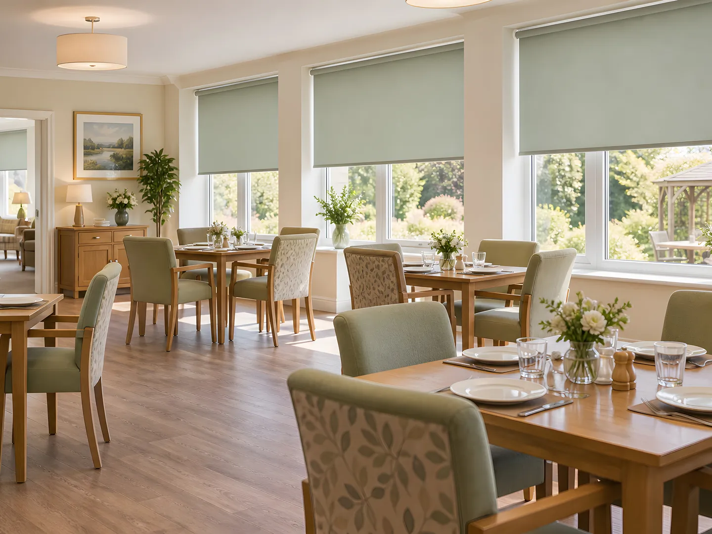 Sage roller blinds beside accessible dining tables and supportive chairs in a care home