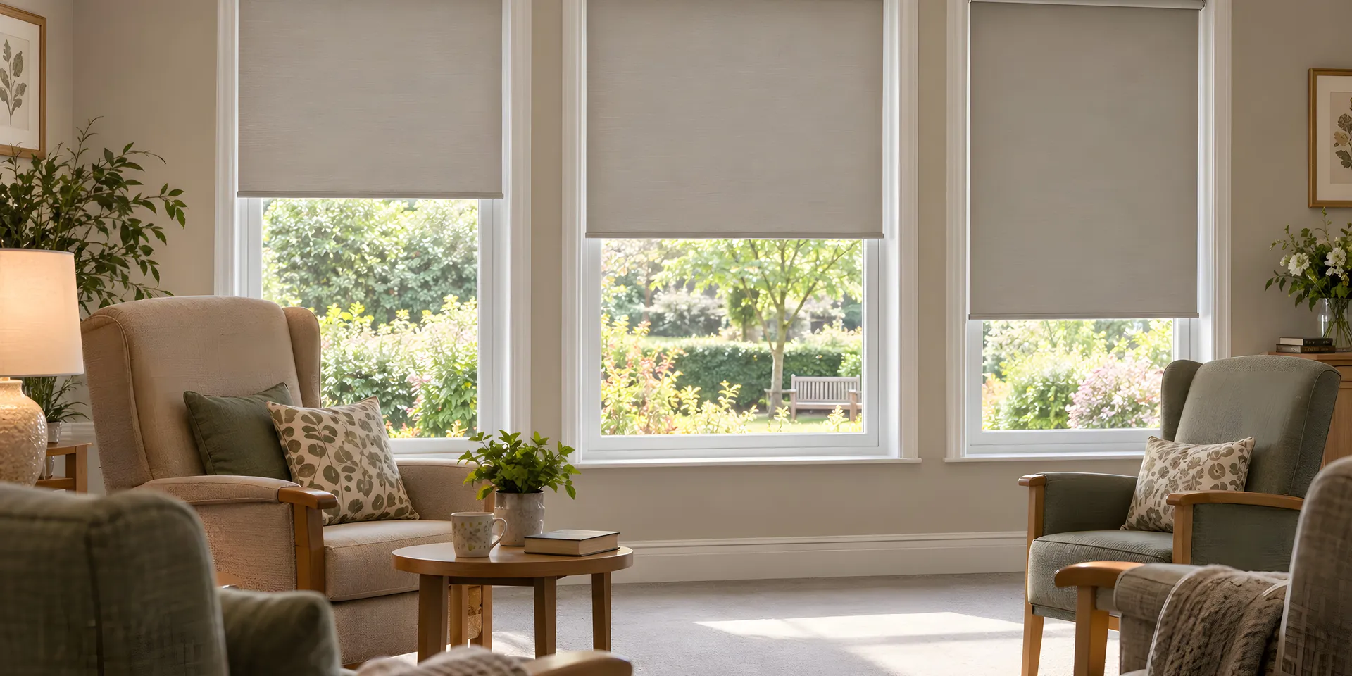 Illustrative welcoming care-home lounge with comfortable armchairs and roller blinds