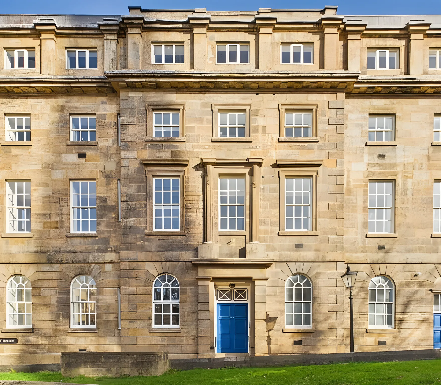 The stone Georgian frontage of Cathedral View in Sheffield with new blinds visible in the windows