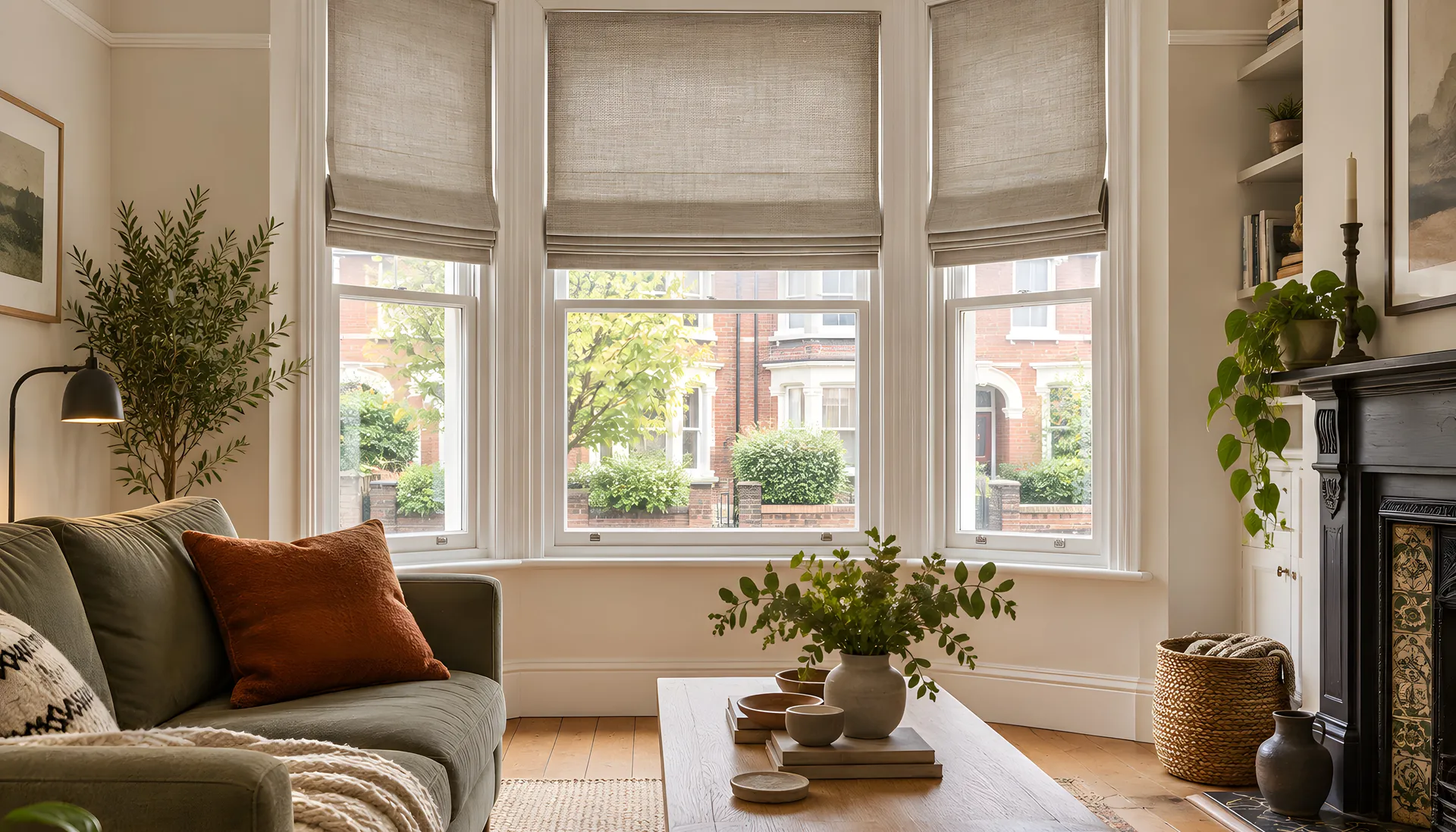 Linen Roman blinds across a period sash bay overlooking red-brick terraces
