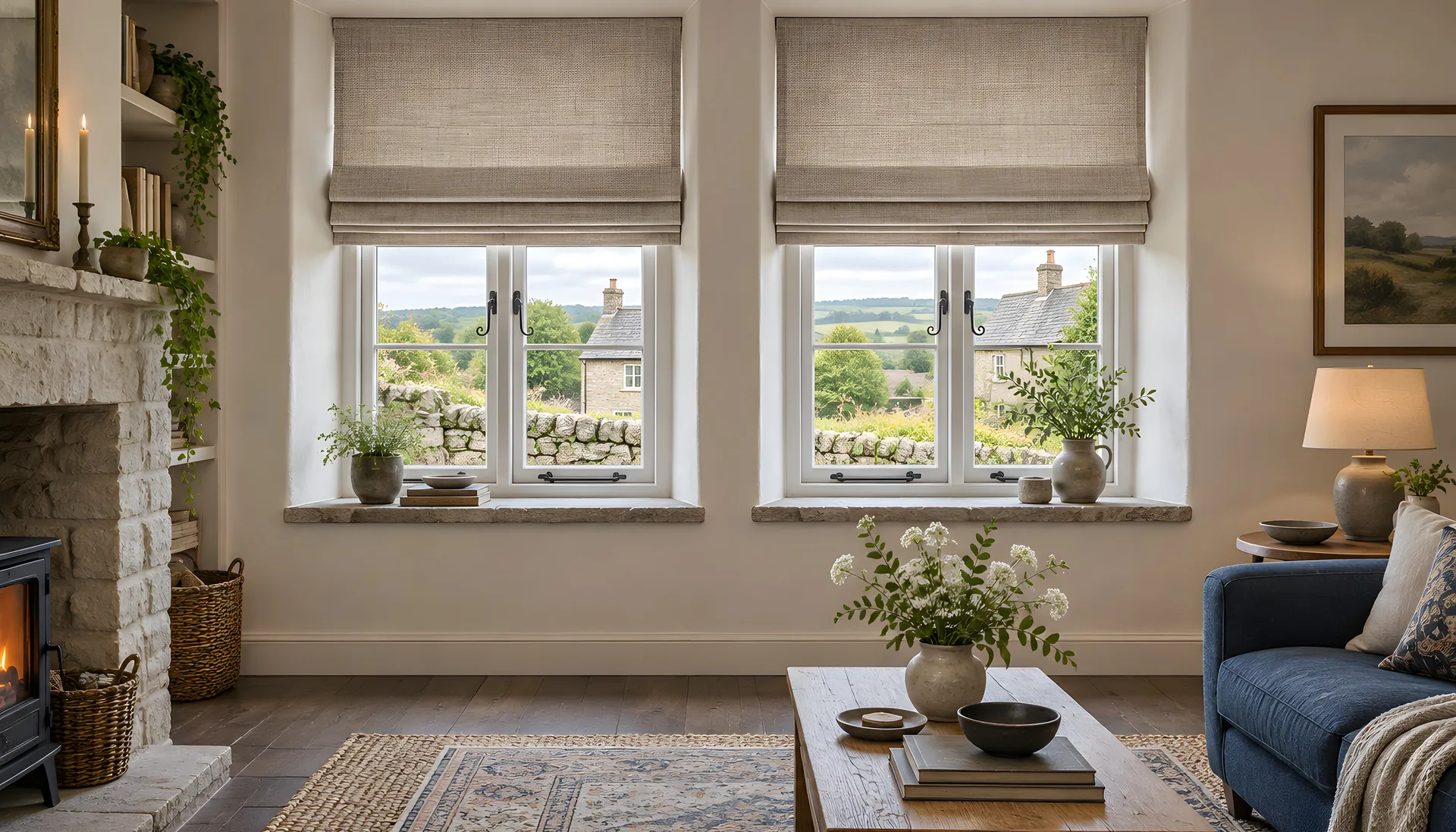 Linen Roman blinds in deep stone window reveals beside a cottage fireplace