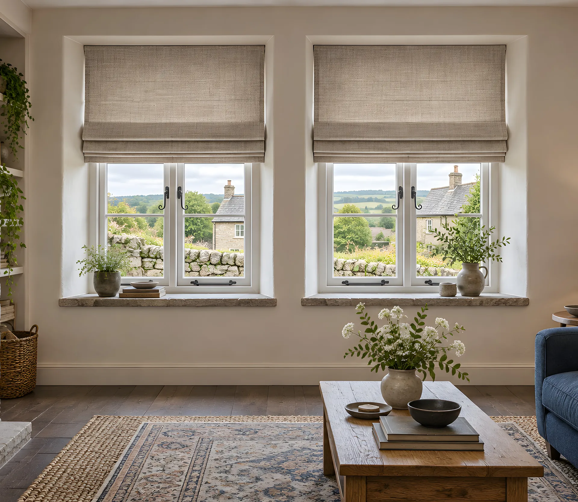 Linen Roman blinds in deep stone window reveals beside a cottage fireplace