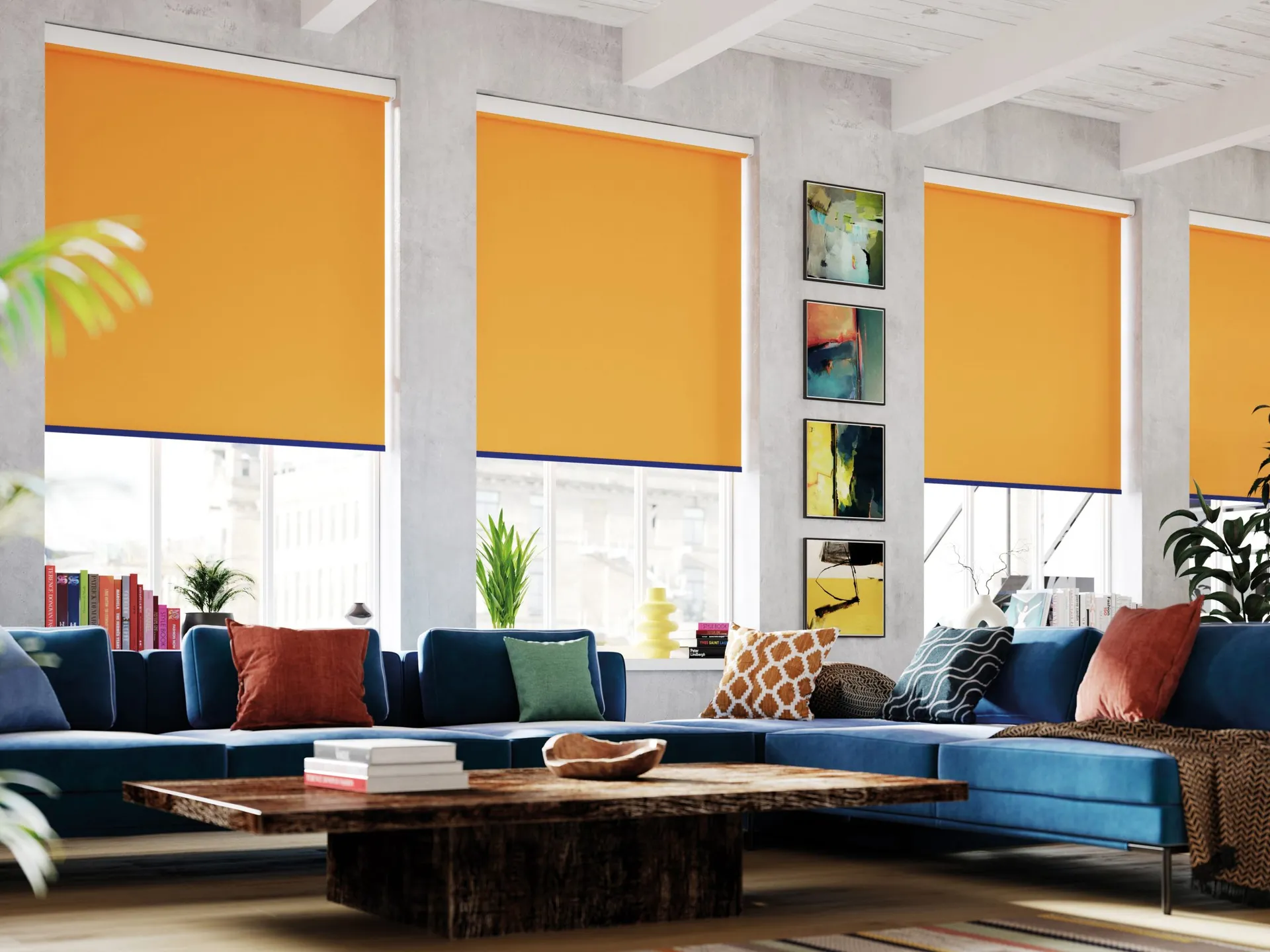 Bright orange roller blinds above a colourful blue sofa