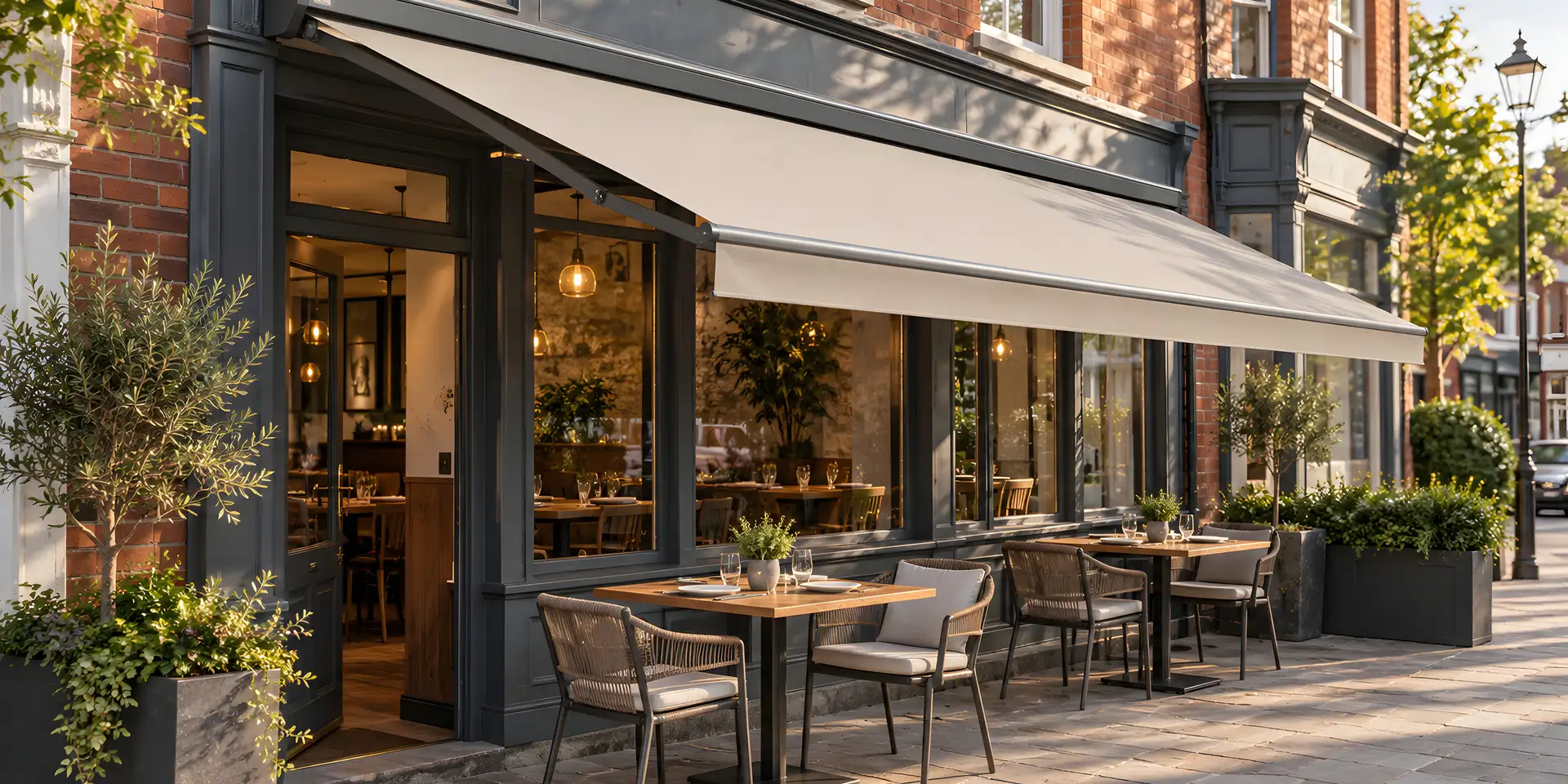 Commercial awning extended over an outdoor business seating area