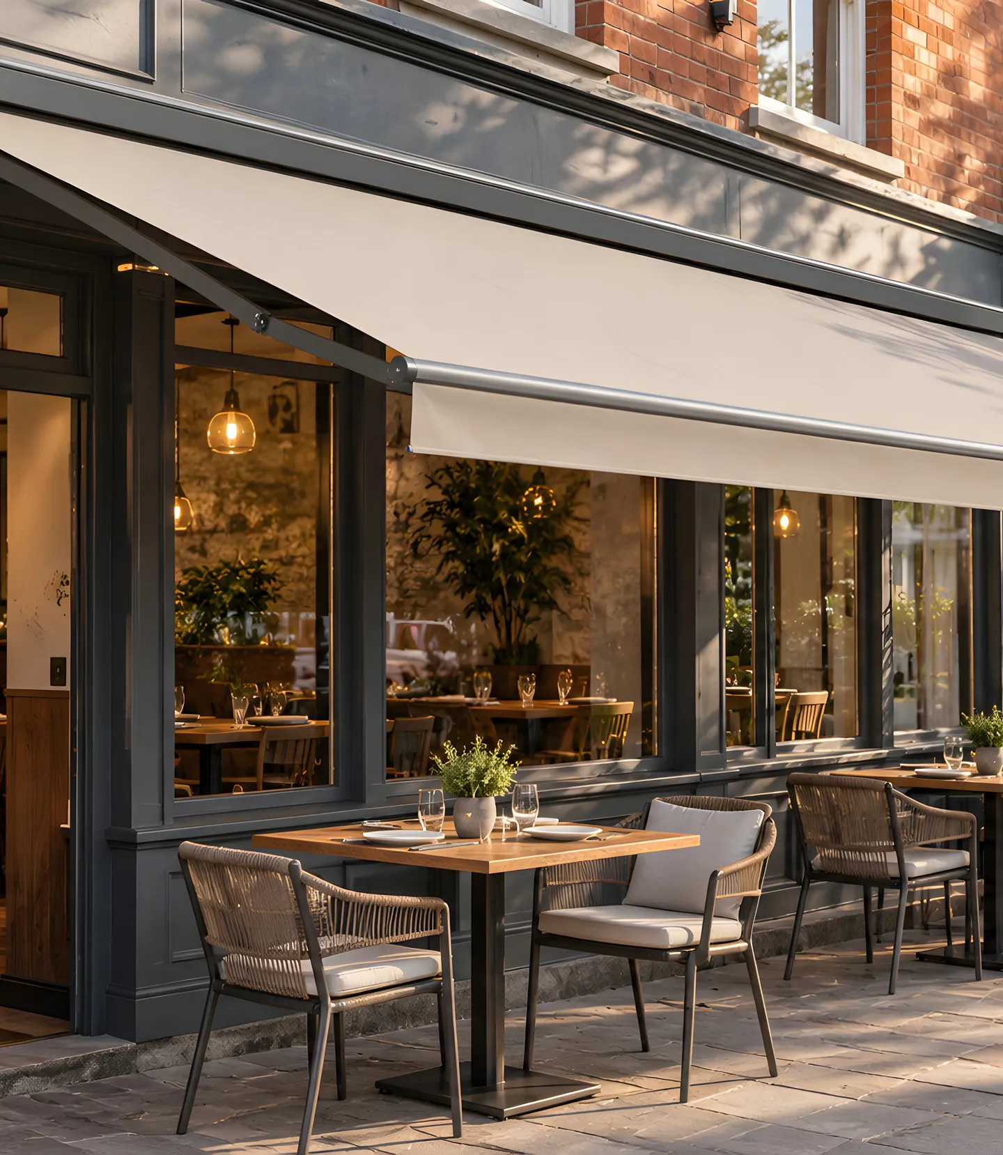 Commercial awning extended over a customer seating area