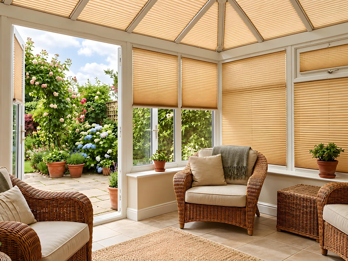 Neutral pleated blinds on the windows of a garden conservatory with wicker seating