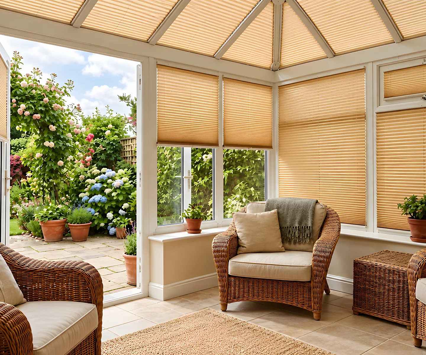 Pleated blinds fitted across British conservatory windows overlooking a garden