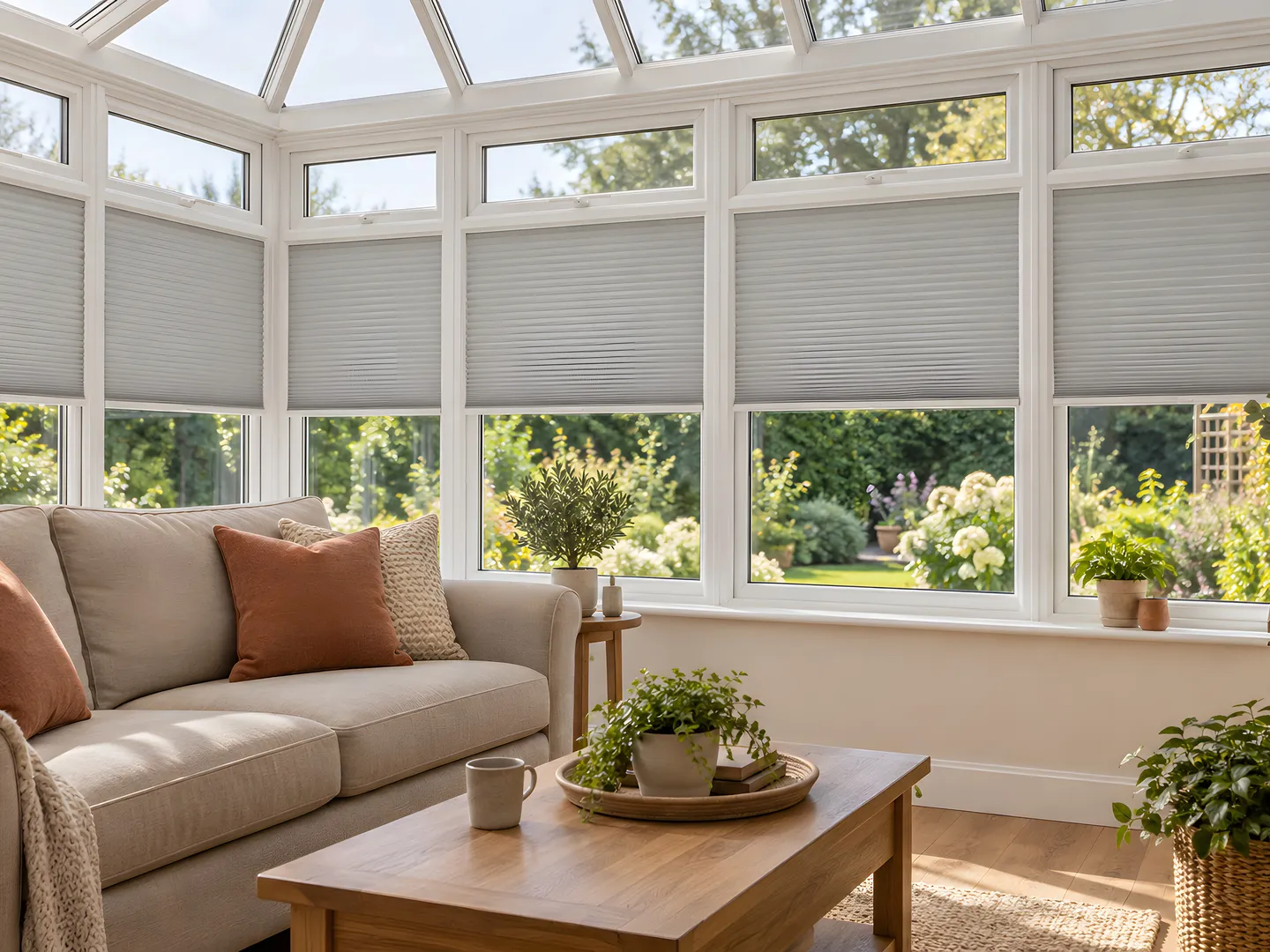 Pale grey pleated blinds fitted within the panes of a white conservatory