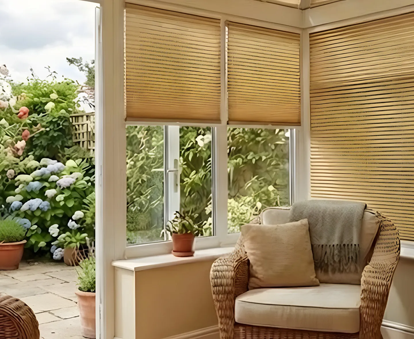 Warm pleated blinds fitted across conservatory windows