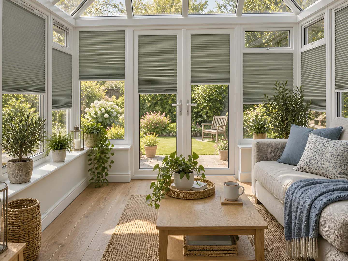 Muted sage green pleated blinds on individual garden-room window panes