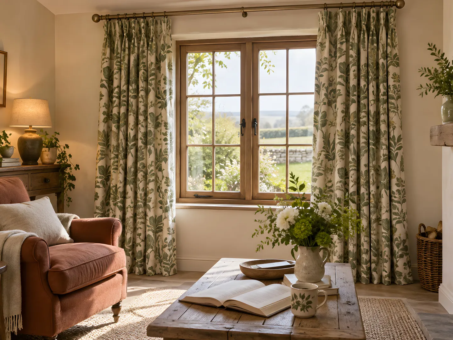 Botanical print curtains framing a cottage window beside a comfortable armchair