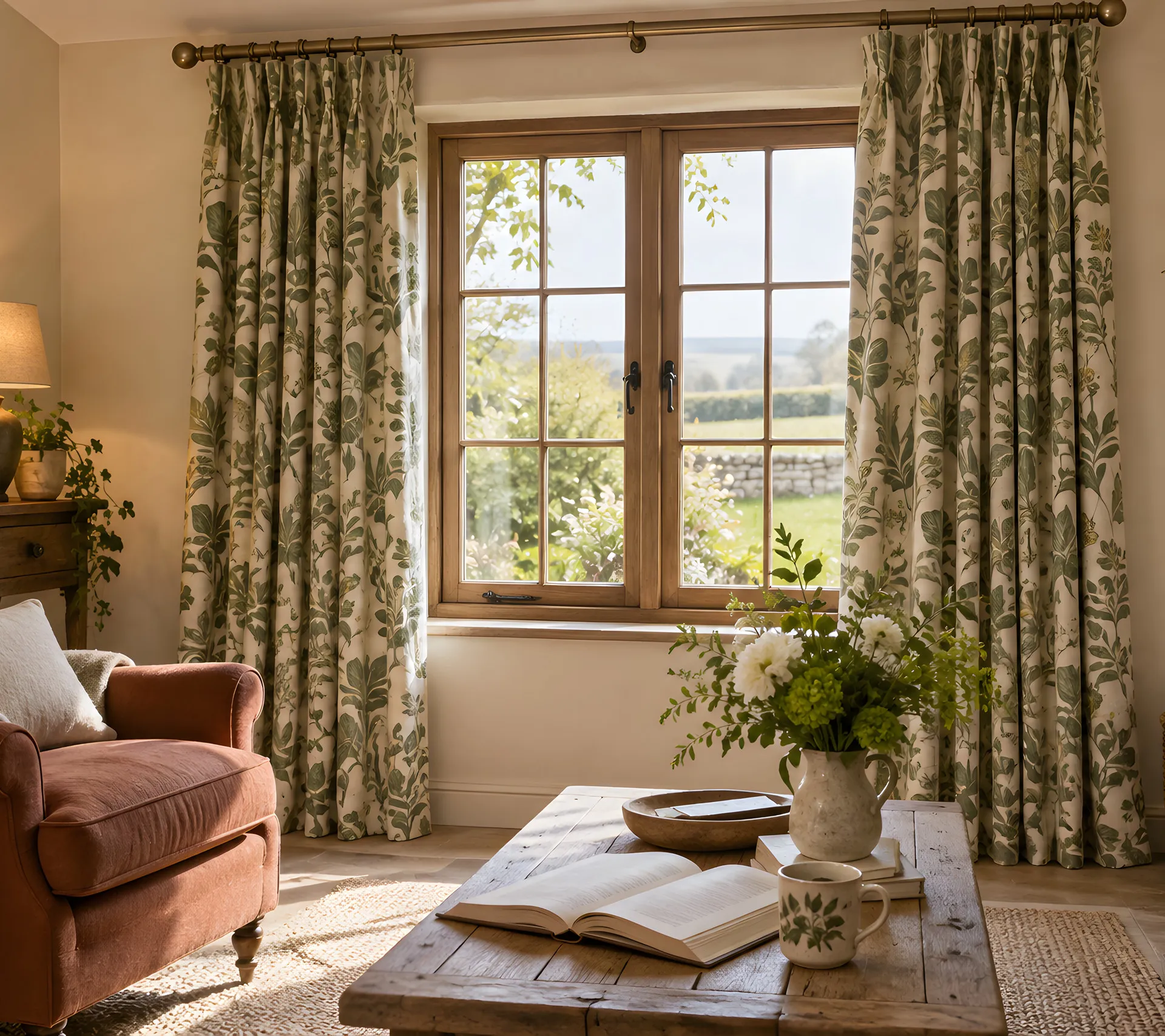 Botanical curtains framing a timber cottage window beside an armchair