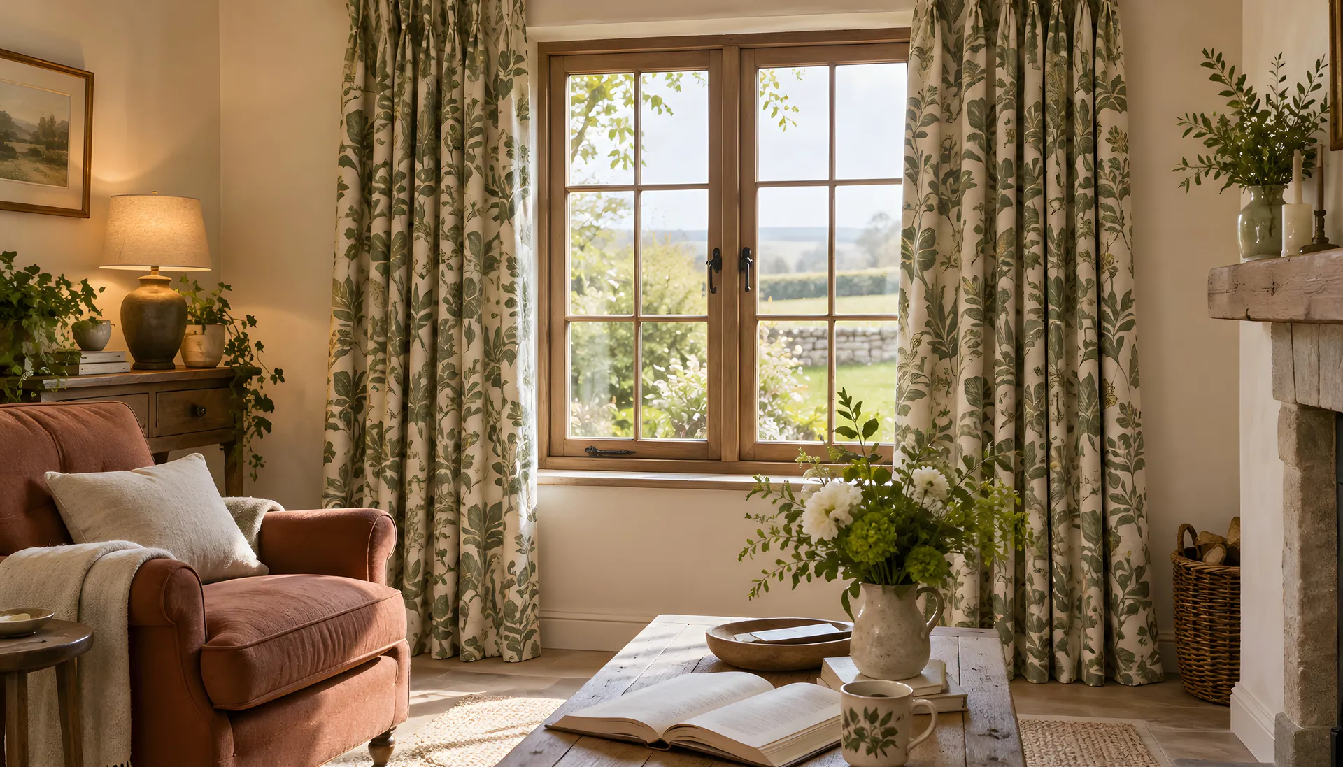 Botanical curtains framing a timber cottage window beside an armchair