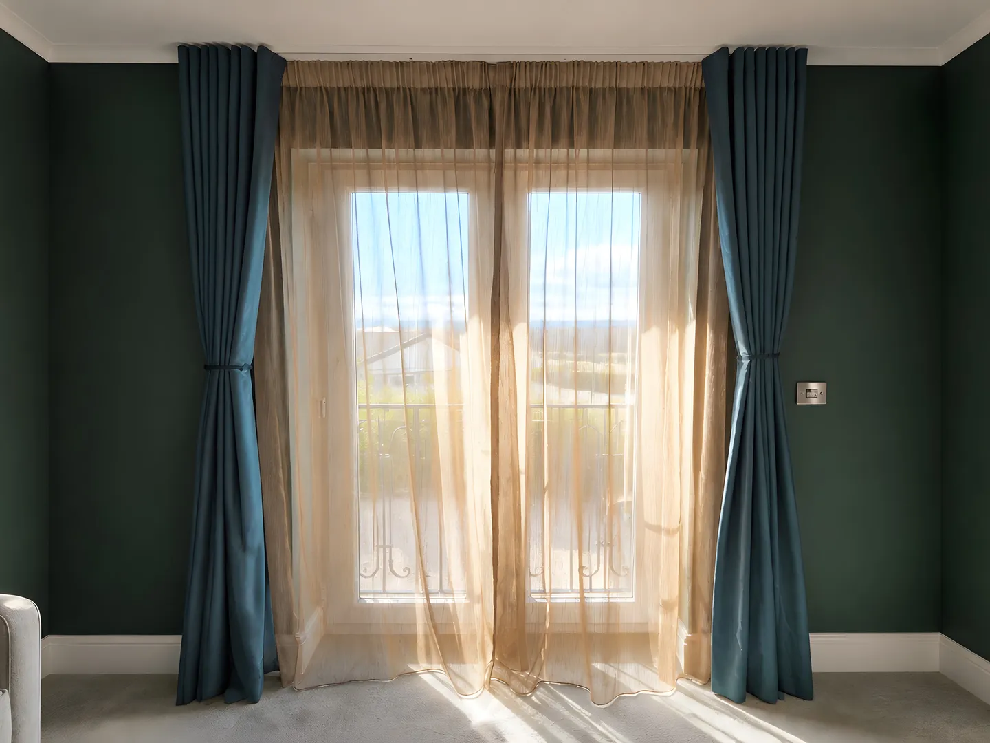 Deep teal full-length curtains with sheer panels at a living room window