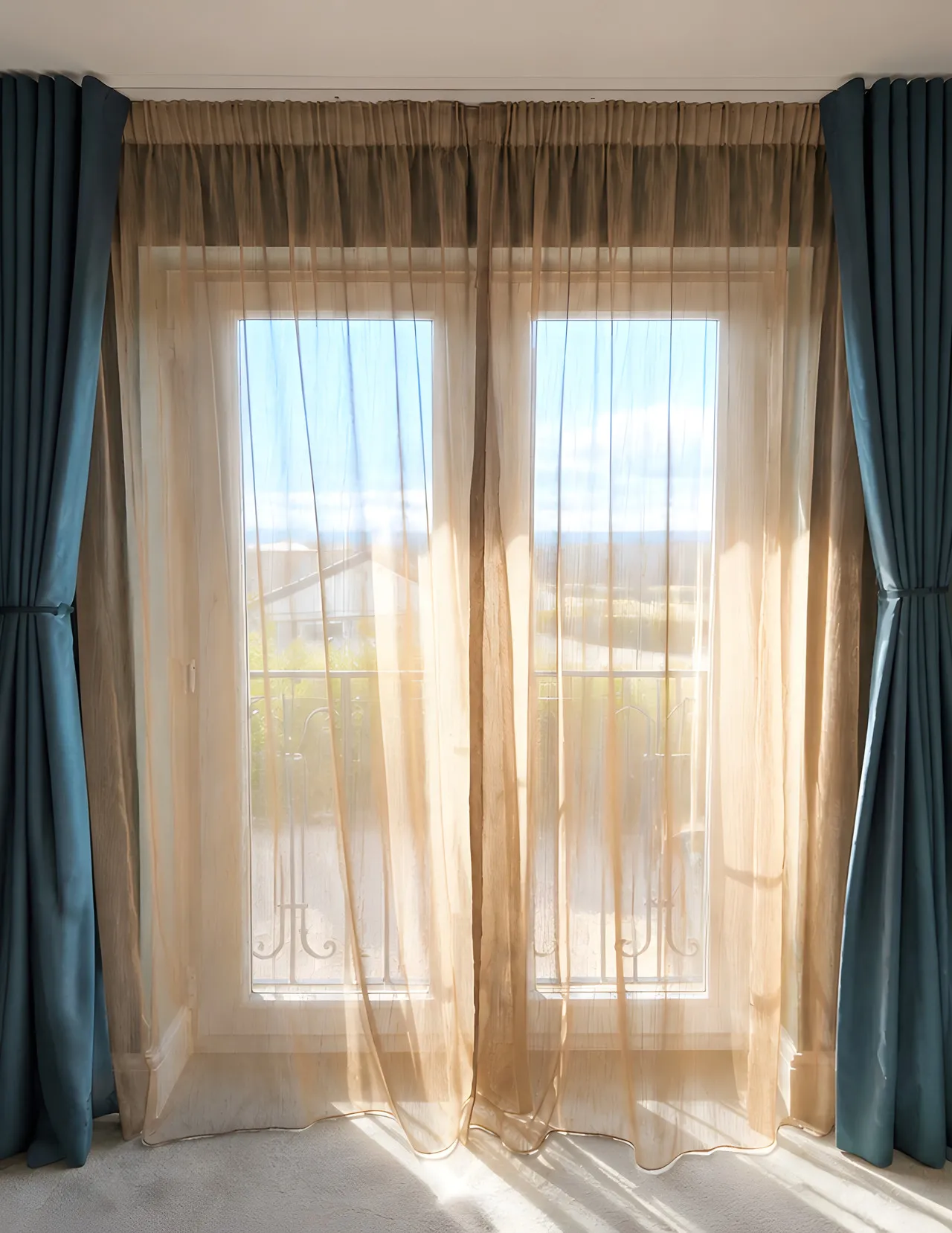 Full-length curtains framing wide glazing in a finished living room