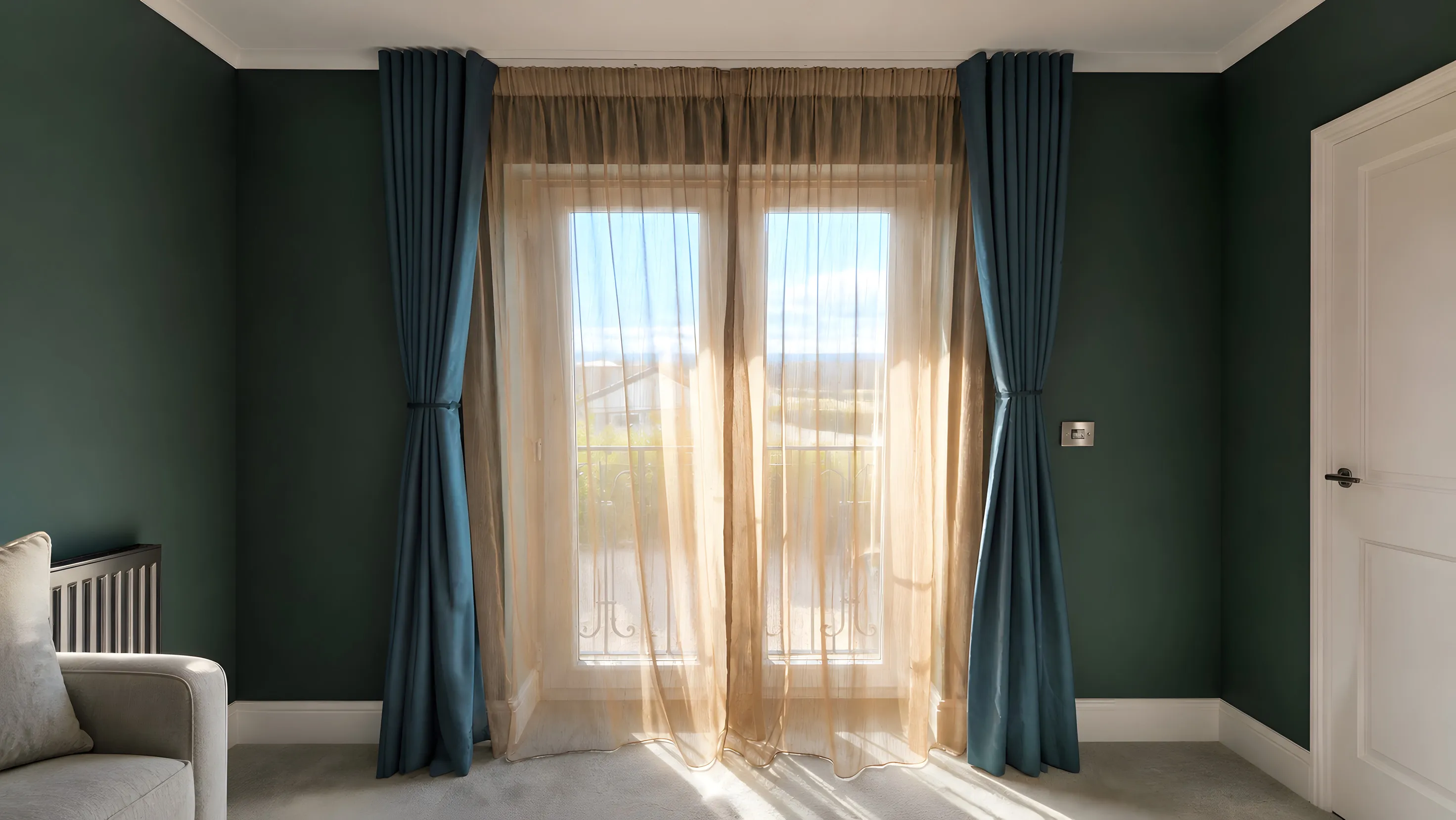 Soft Roman blinds filtering light into a living room