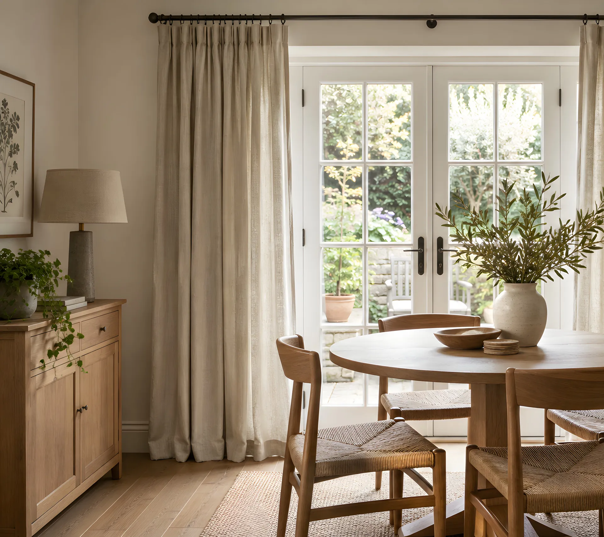 Linen curtains framing garden French doors in a dining room