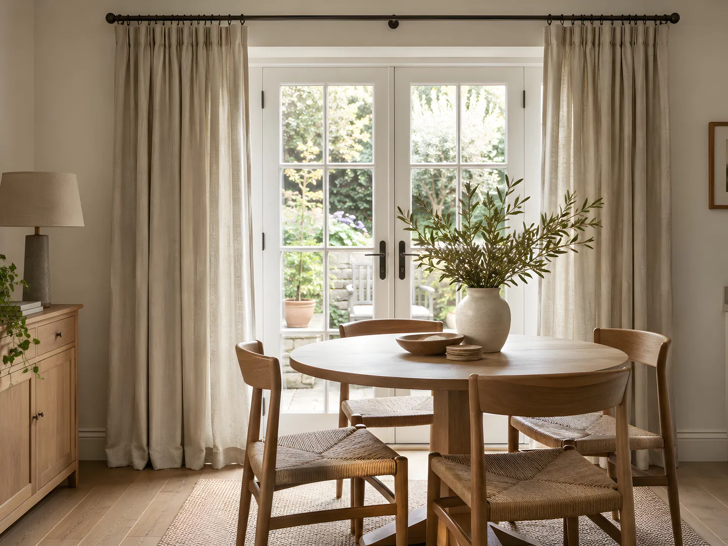 Natural linen curtains at French doors beside a small oak dining table