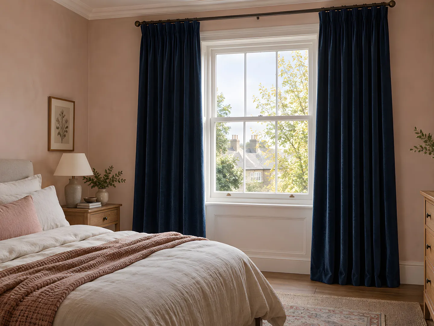 Navy full-length curtains at a bedroom window beside a linen-covered bed
