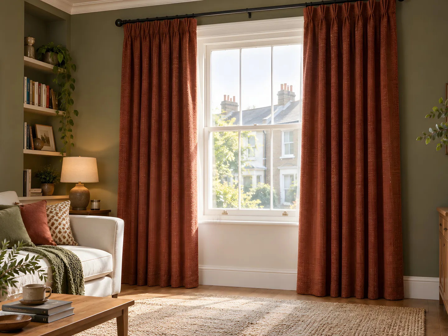 Terracotta pinch pleat curtains framing a sash window beside a cream sofa