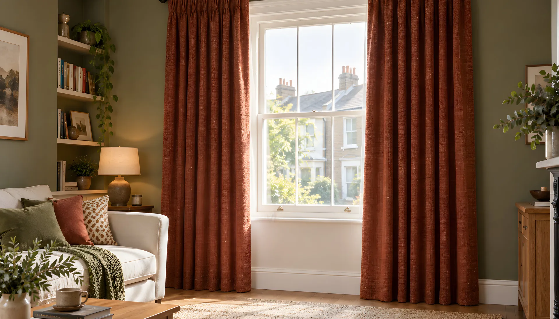 Terracotta curtains framing a sash window in a warm period living room