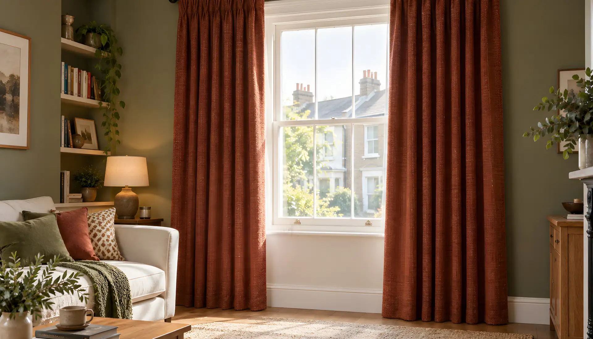 Terracotta curtains framing a sash window in a warm period living room