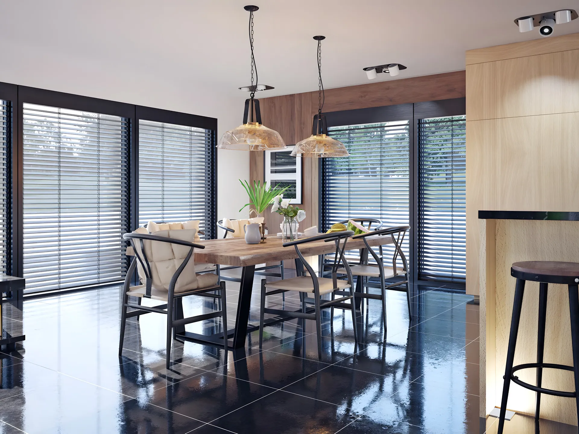 Modern dining room fitted with dark Venetian blinds