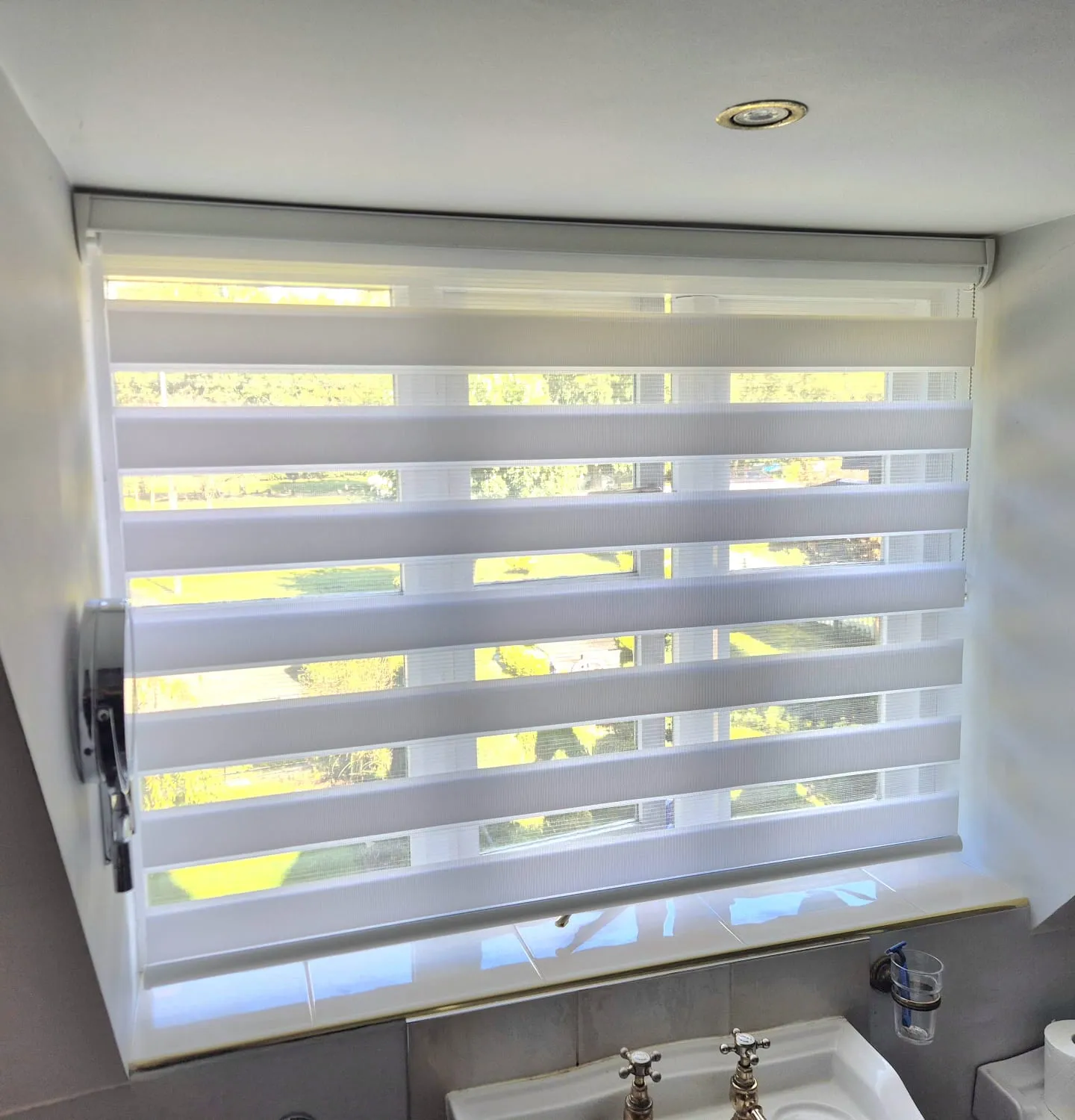 White day and night blind on a loft bathroom window, with the garden showing through the sheer bands