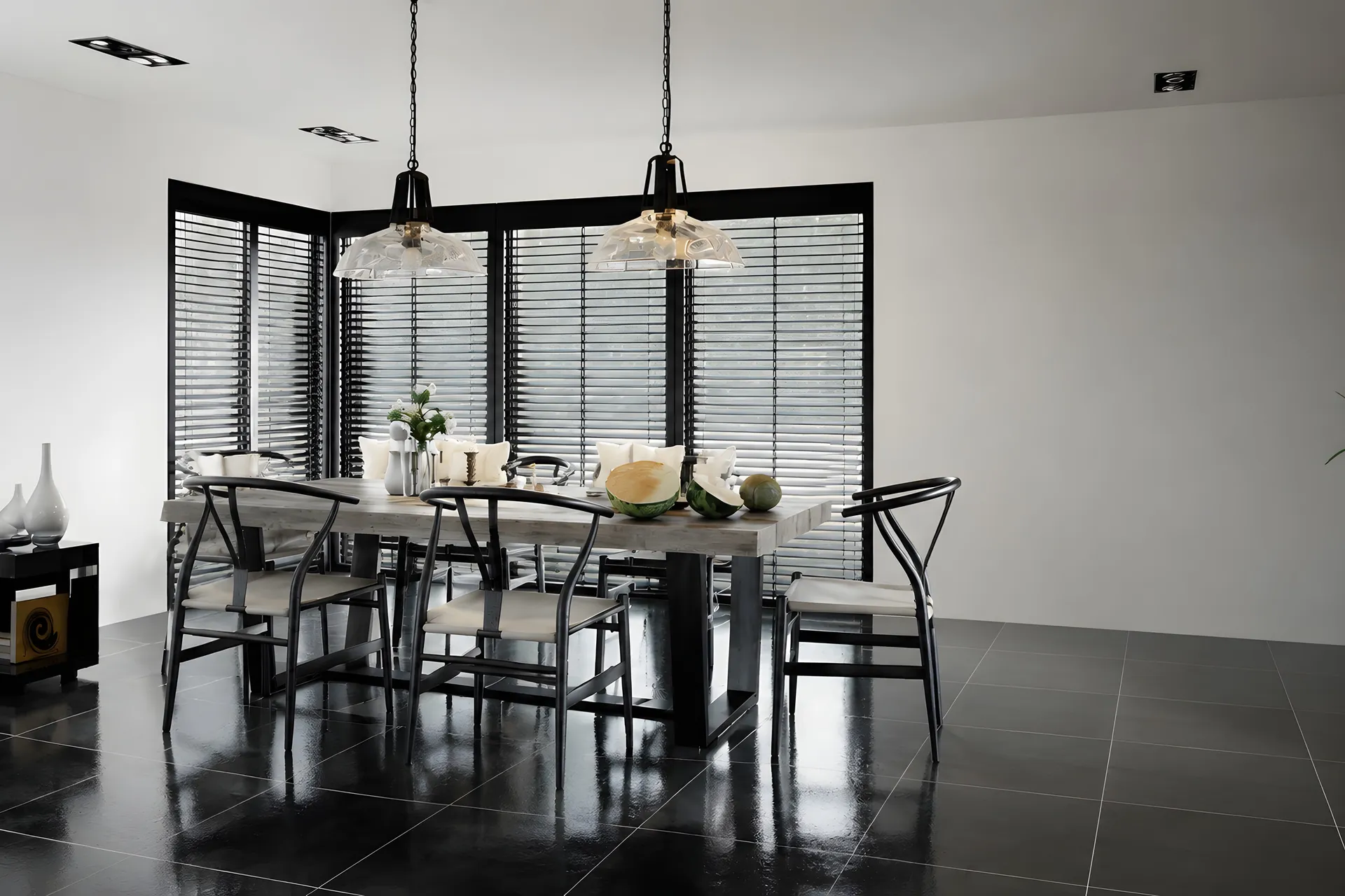 Dark Venetian blinds fitted across the windows of a finished apartment dining room