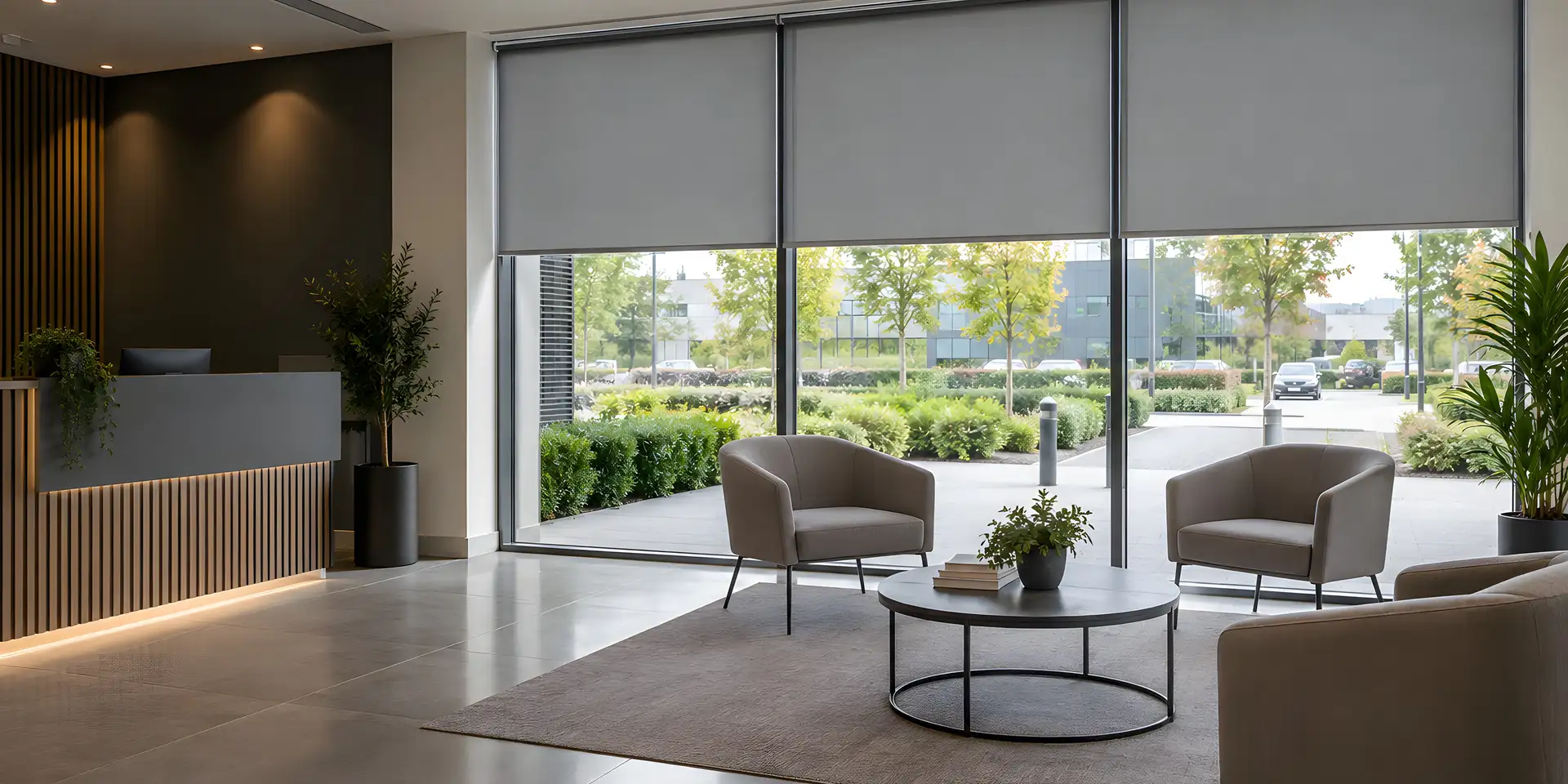 Illustrative managed building reception with coordinated roller blinds