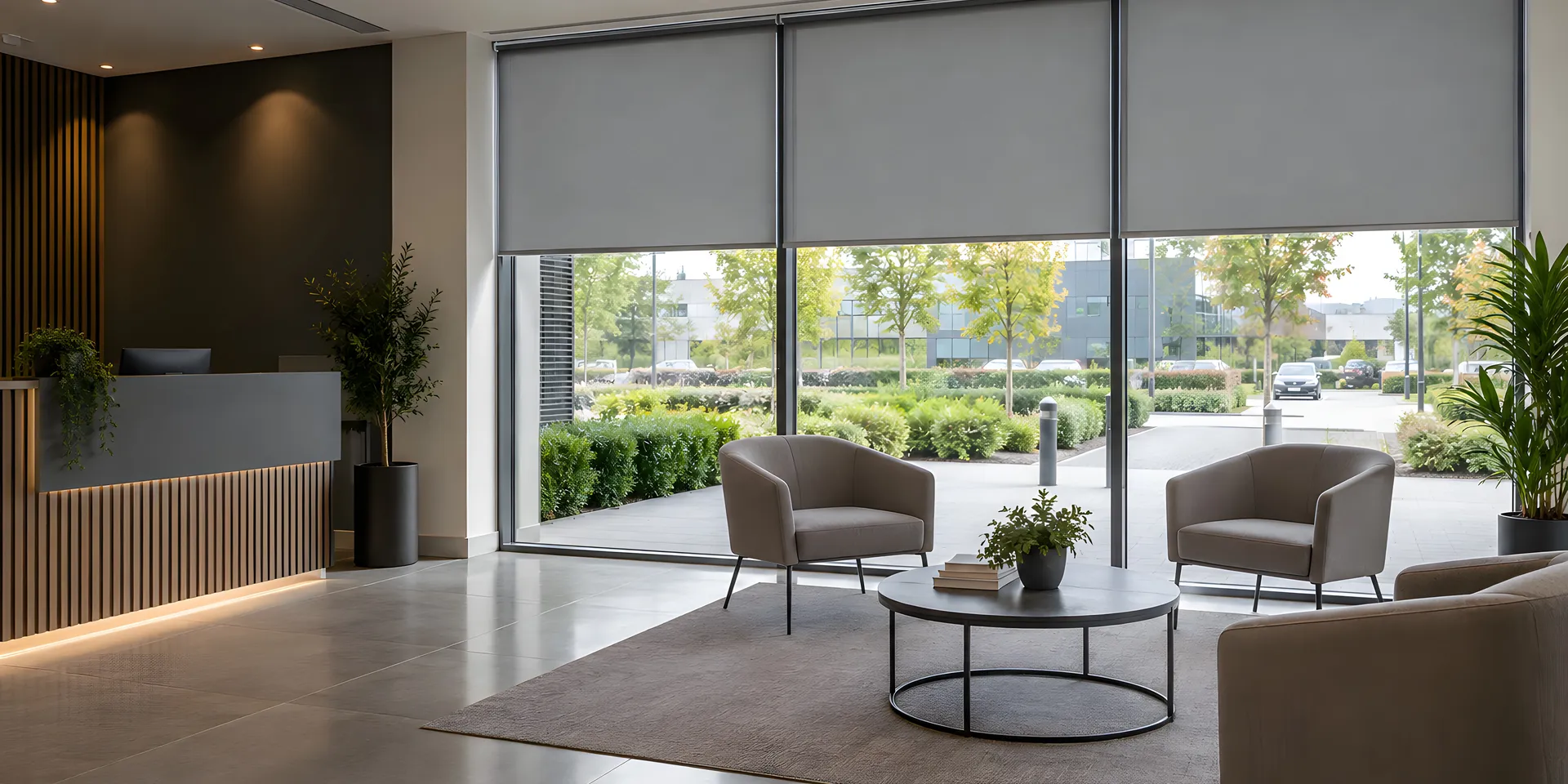 Illustrative managed building reception with coordinated roller blinds