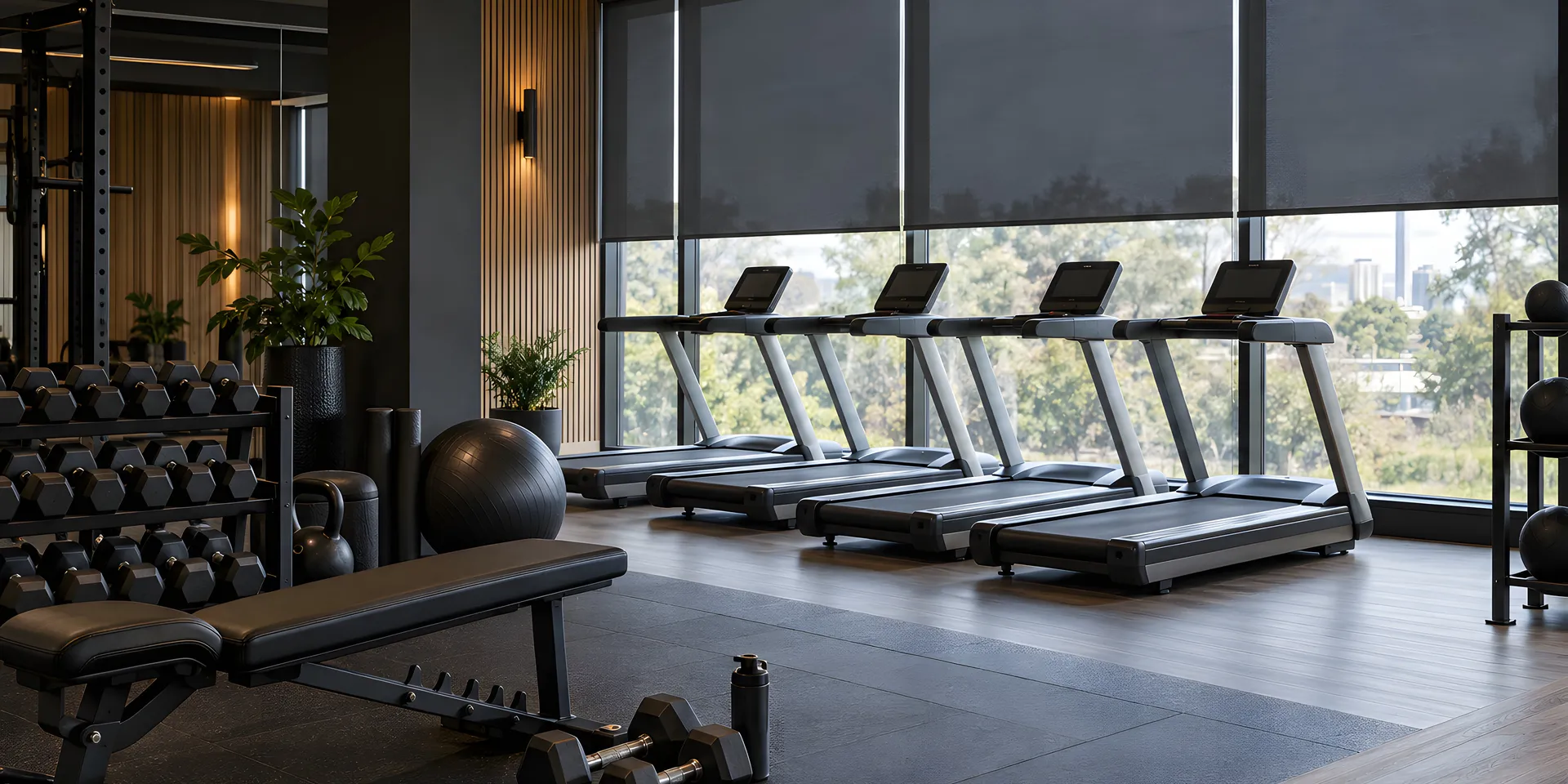 Illustrative modern gym with screen roller blinds beside treadmills