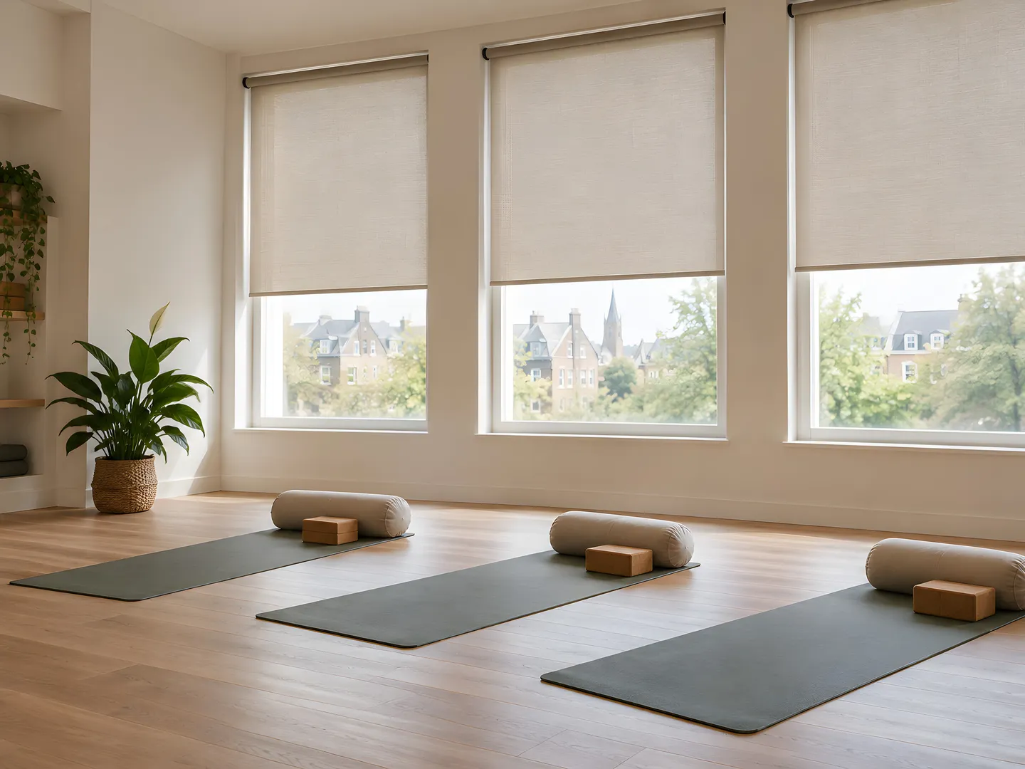 Natural-coloured roller blinds beside exercise mats in a calm yoga studio