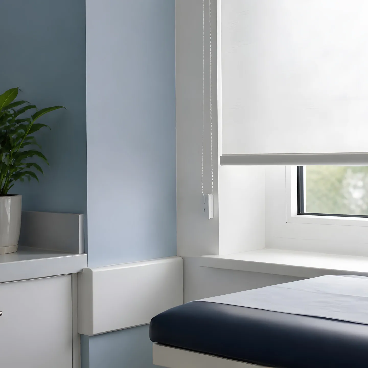 Healthcare room with wipe-clean roller blinds controlling daylight and privacy