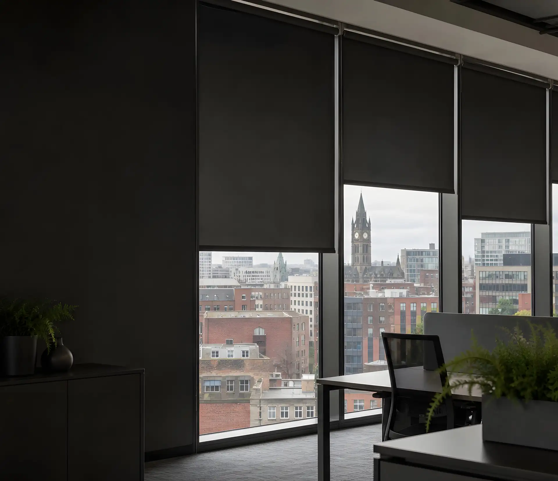 Roller blinds fitted across workplace windows for commercial projects in Merseyside